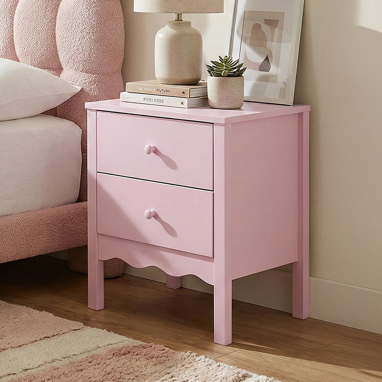 Bellea 45cm Pine Two Drawer Bedside Table in Pink - Image 4