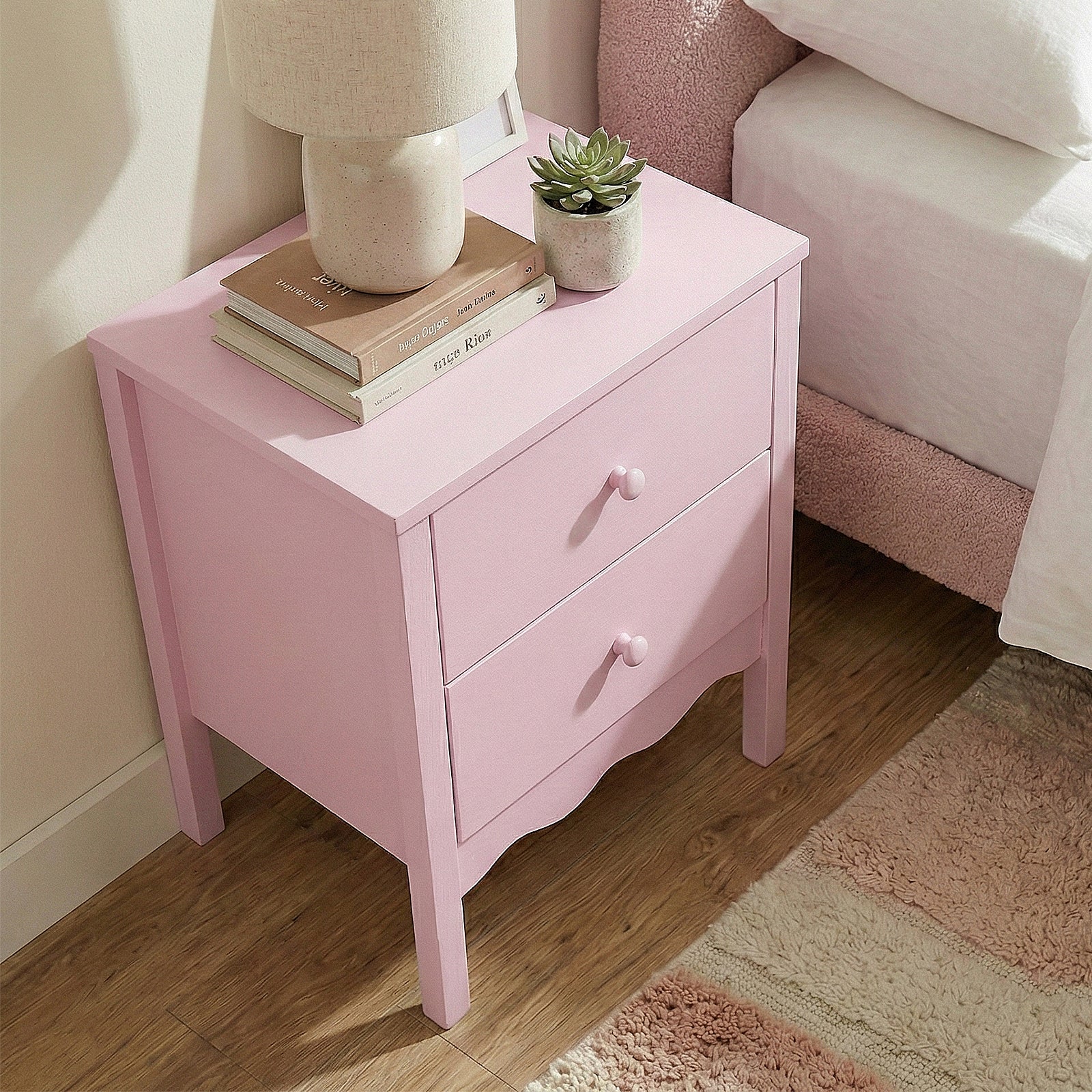 Bellea 45cm Pine Two Drawer Bedside Table in Pink - Image 5