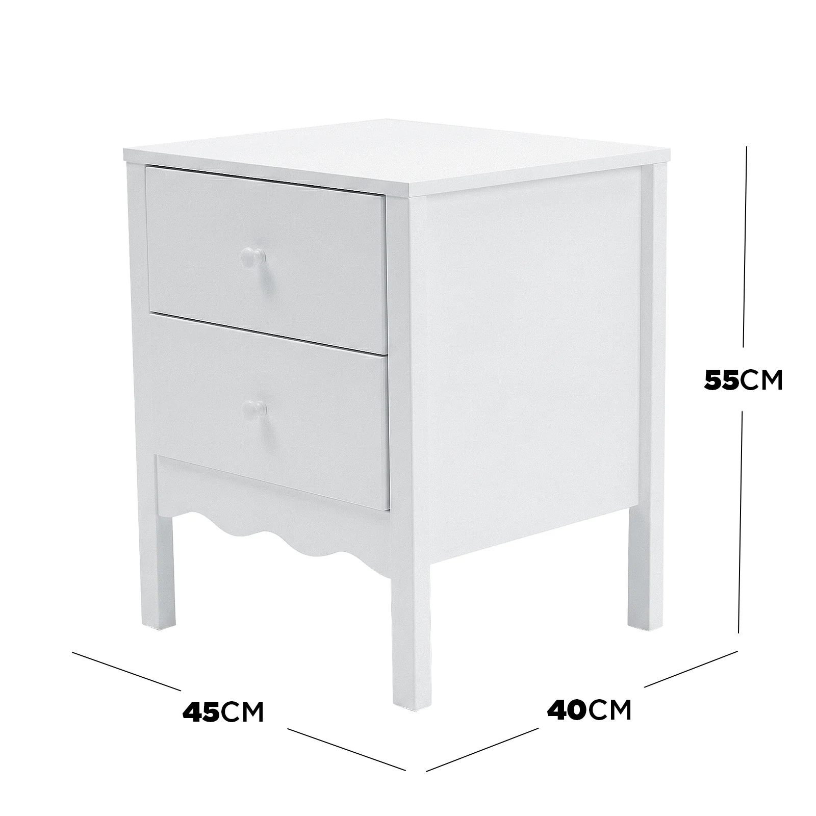 Bellea 45cm Pine Two Drawer Bedside Table in White - Image 4