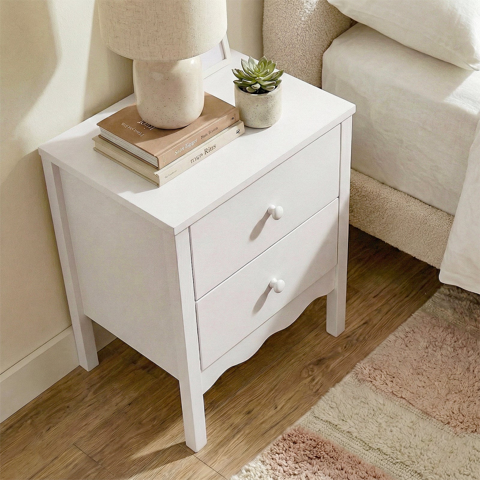 Bellea 45cm Pine Two Drawer Bedside Table in White - Image 5