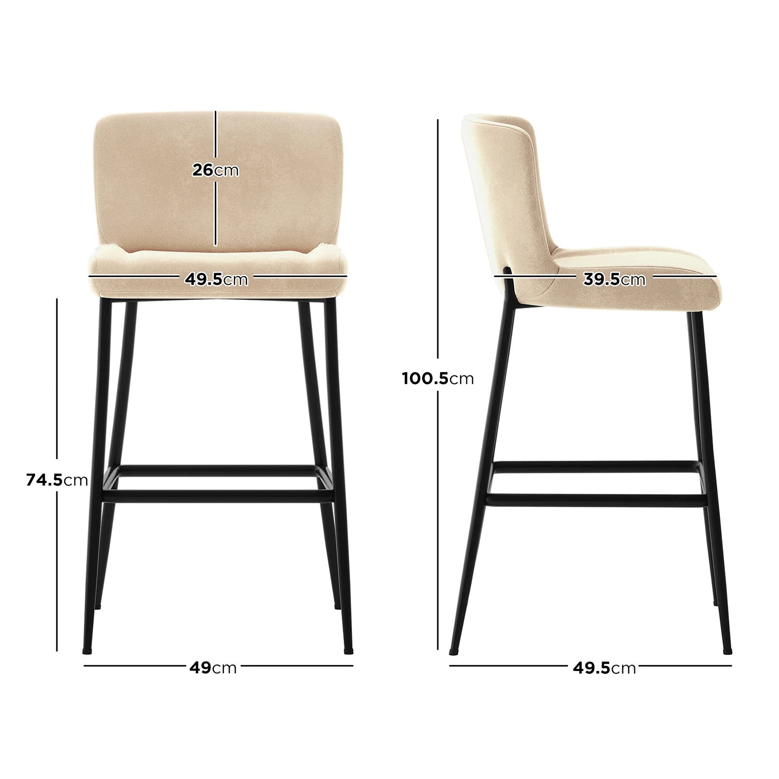 Bernie High Back Velvet Bar Stool Set of 2 in Oatmeal - Image 3
