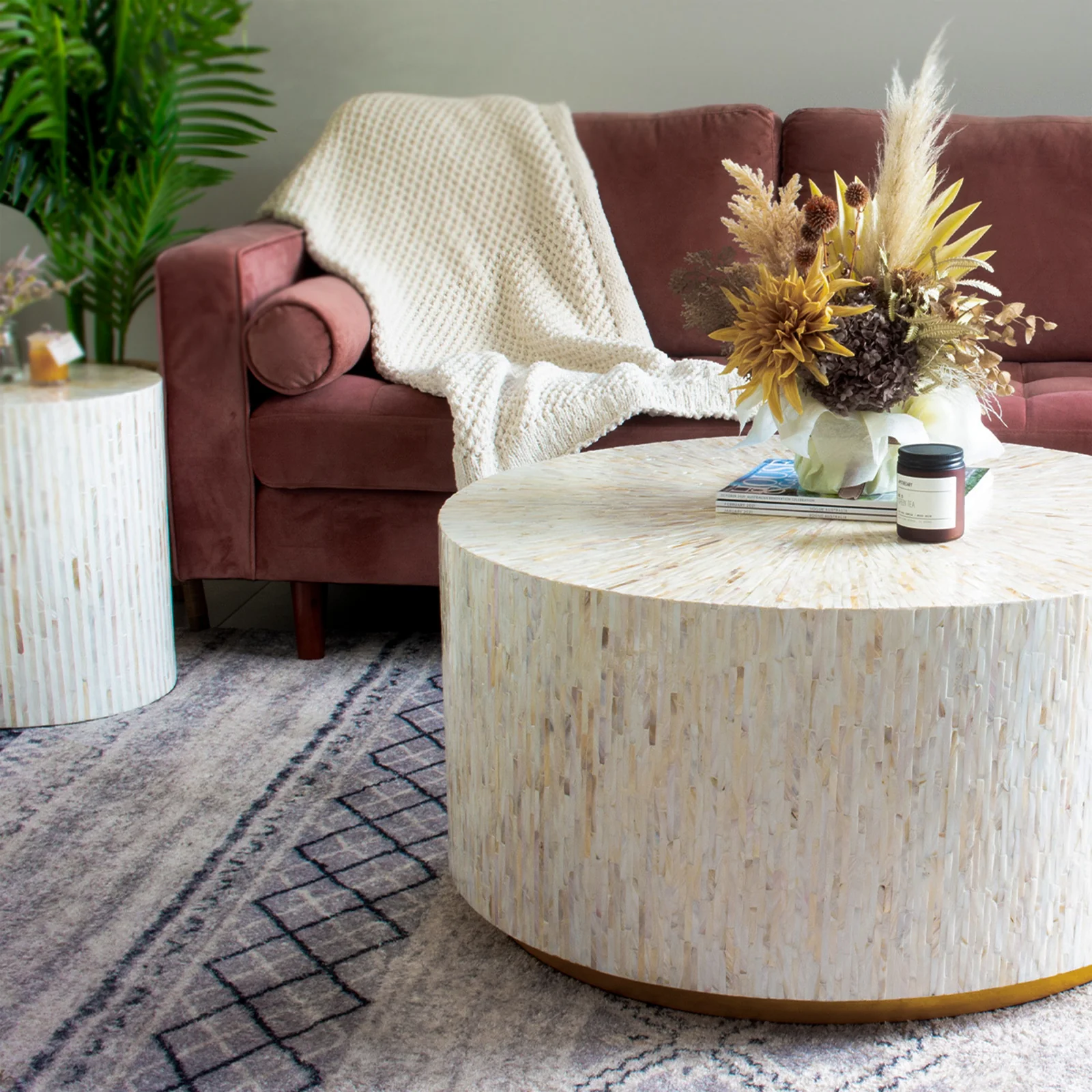 Bisera 91cm Mother of Pearl Inlay Coffee Table in Cream - Image 6
