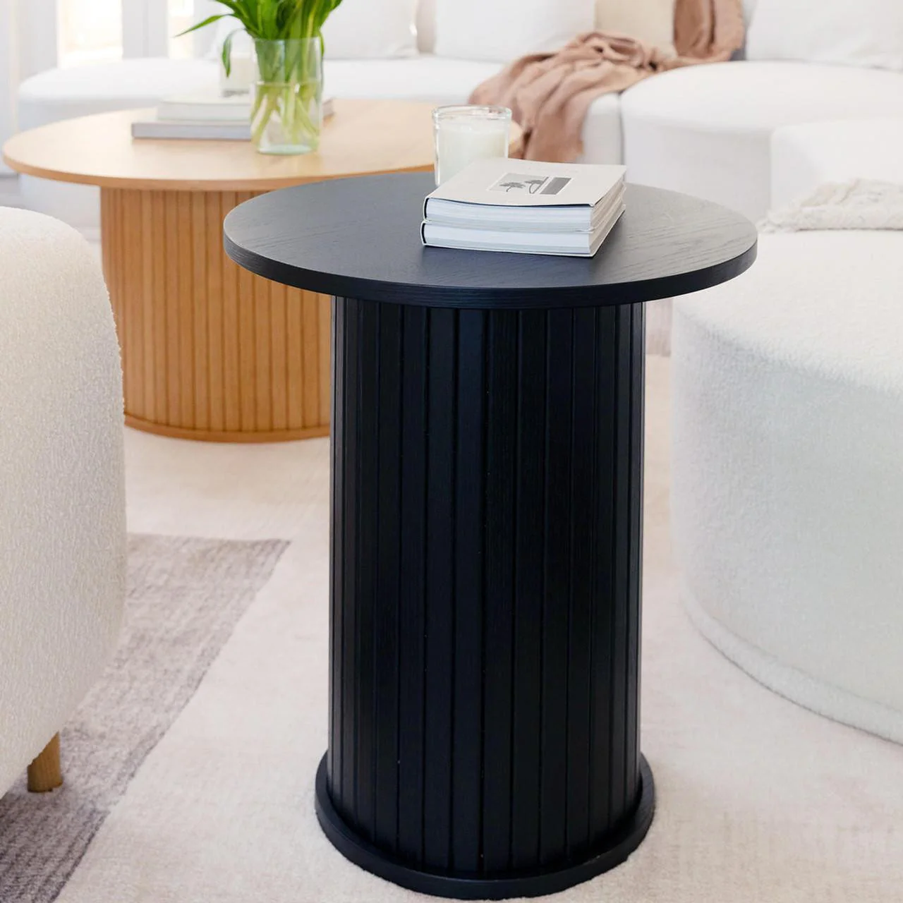 Booker 50cm Round Fluted Oak Side Table in Black - Image 4