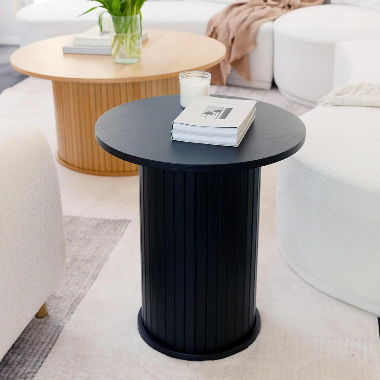 Booker 50cm Round Fluted Oak Side Table in Black - Image 5