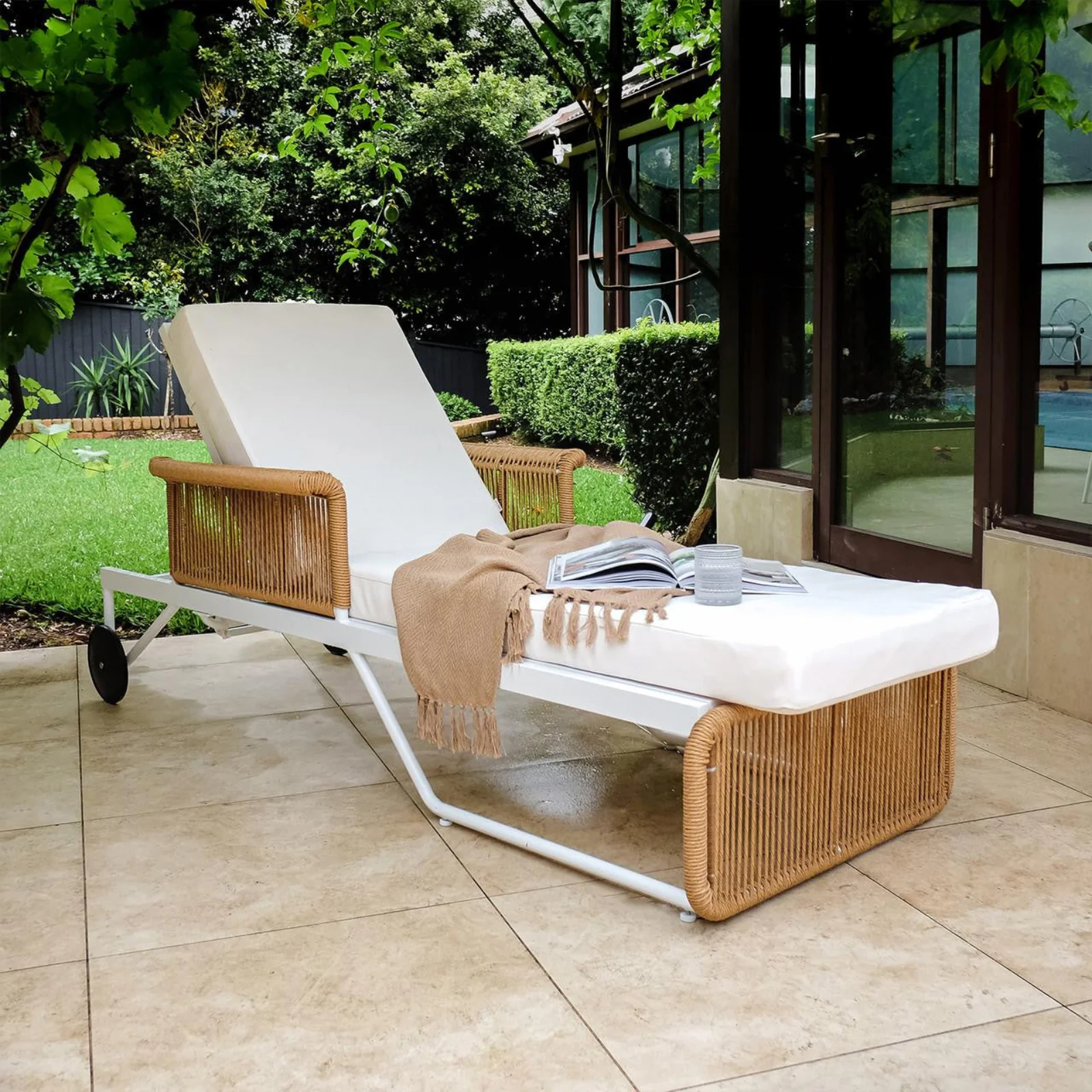 Boonoo Premium Rattan Outdoor Sun Lounger in Cream White - Image 2