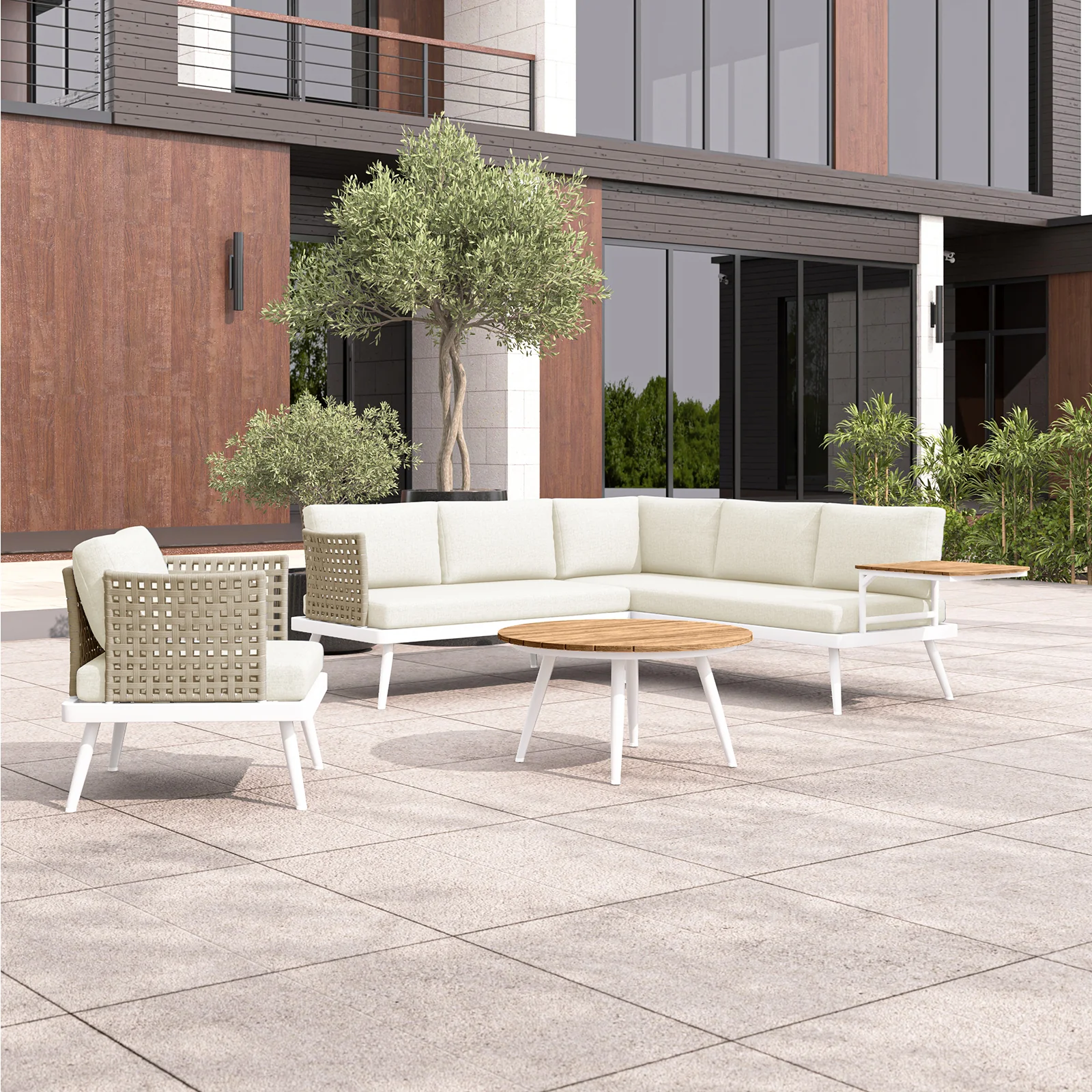 Breeza 5 Seater Teak Tabletop Outdoor Sofa Set in Cream White - Image 20