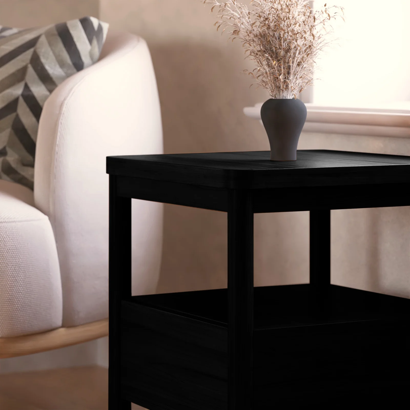 Brett Hardwood Bedside Table with Shelf & Drawer in Black - Image 4