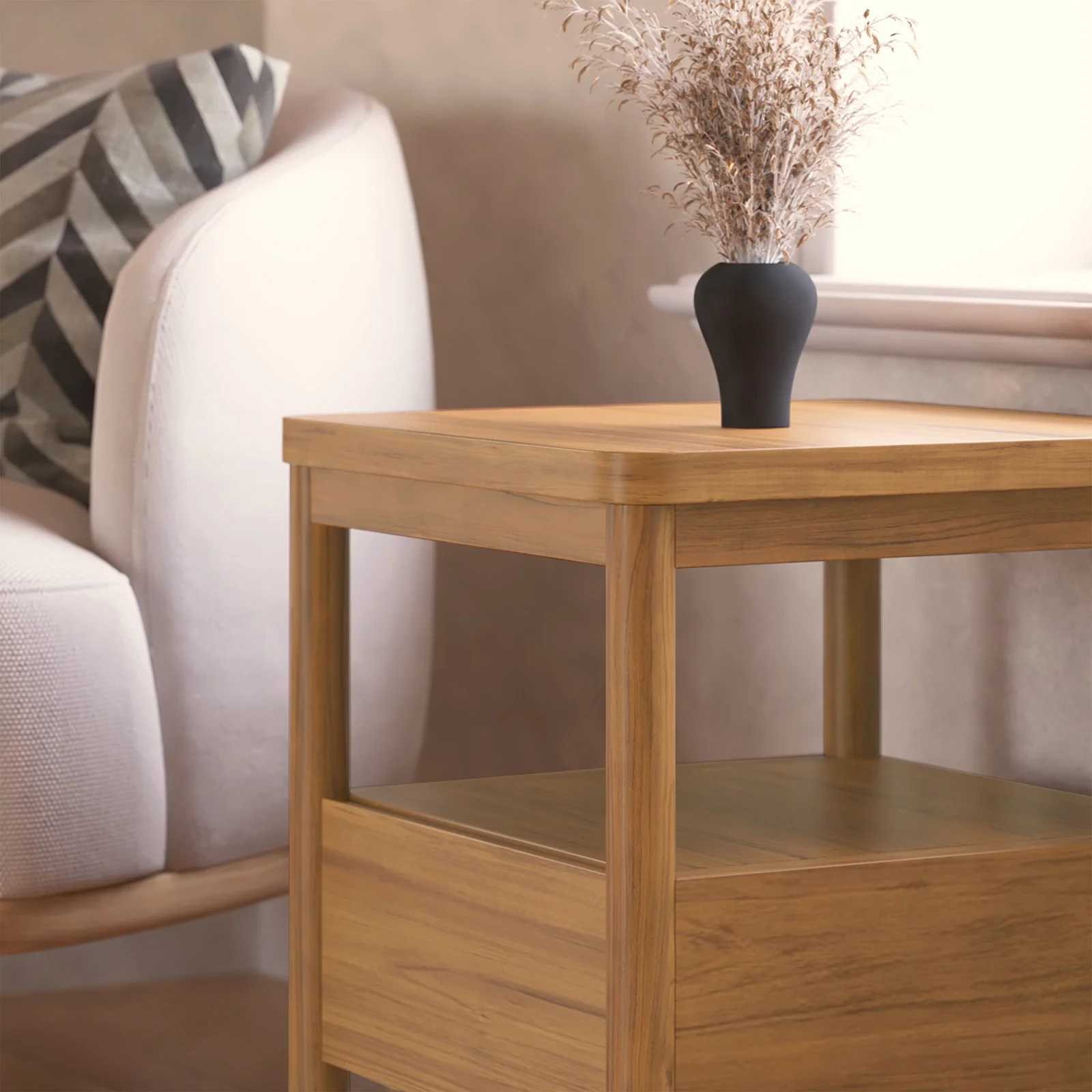 Brett Hardwood Bedside Table with Shelf & Drawer in Natural - Image 4