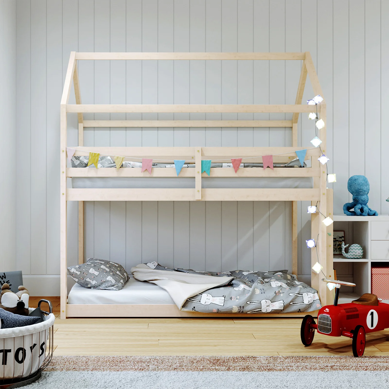 Brook Kids Solid Wood House Shape Twin Bunk Bed in Natural - Image 4