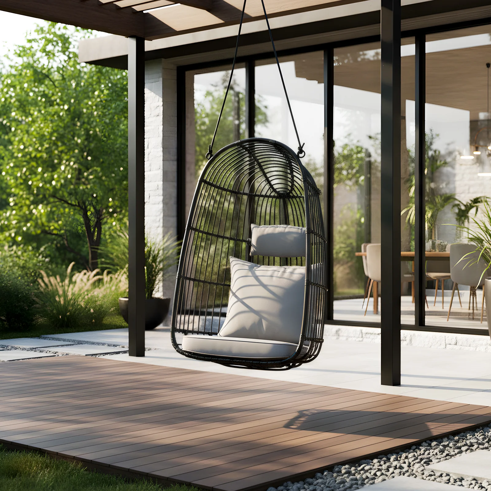 Burias Rattan Basket Outdoor Egg Chair with Rope in Black - Image 2