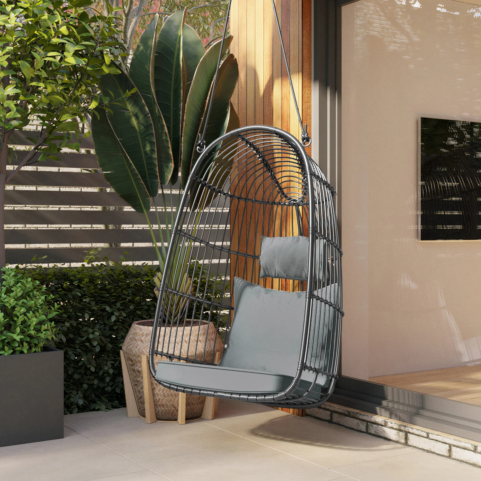 Burias Rattan Basket Outdoor Egg Chair with Rope in Black - Image 3