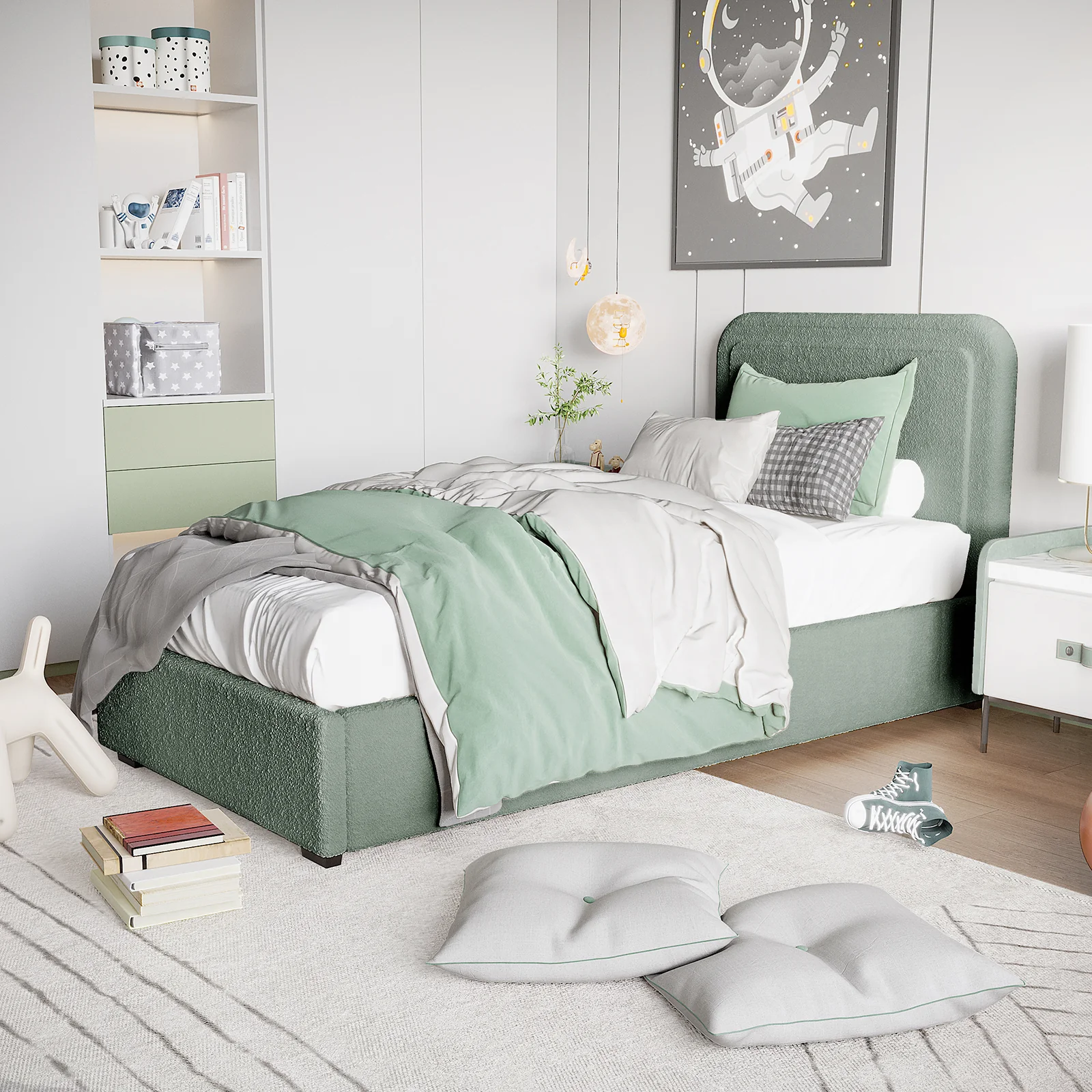 Carya Kids Single Fabric Boucle Bed Frame in Mint Green - Image 2