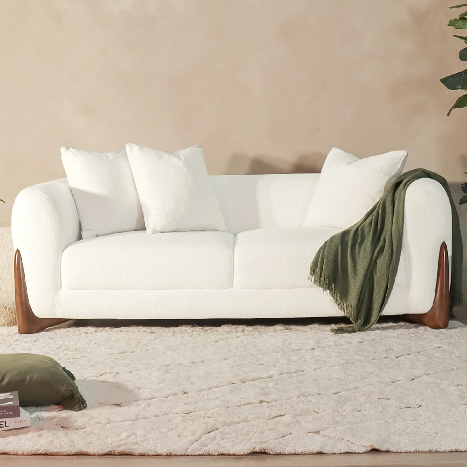 Charla 3 Seater Boucle Sofa with Pillows in Cream White - Image 2
