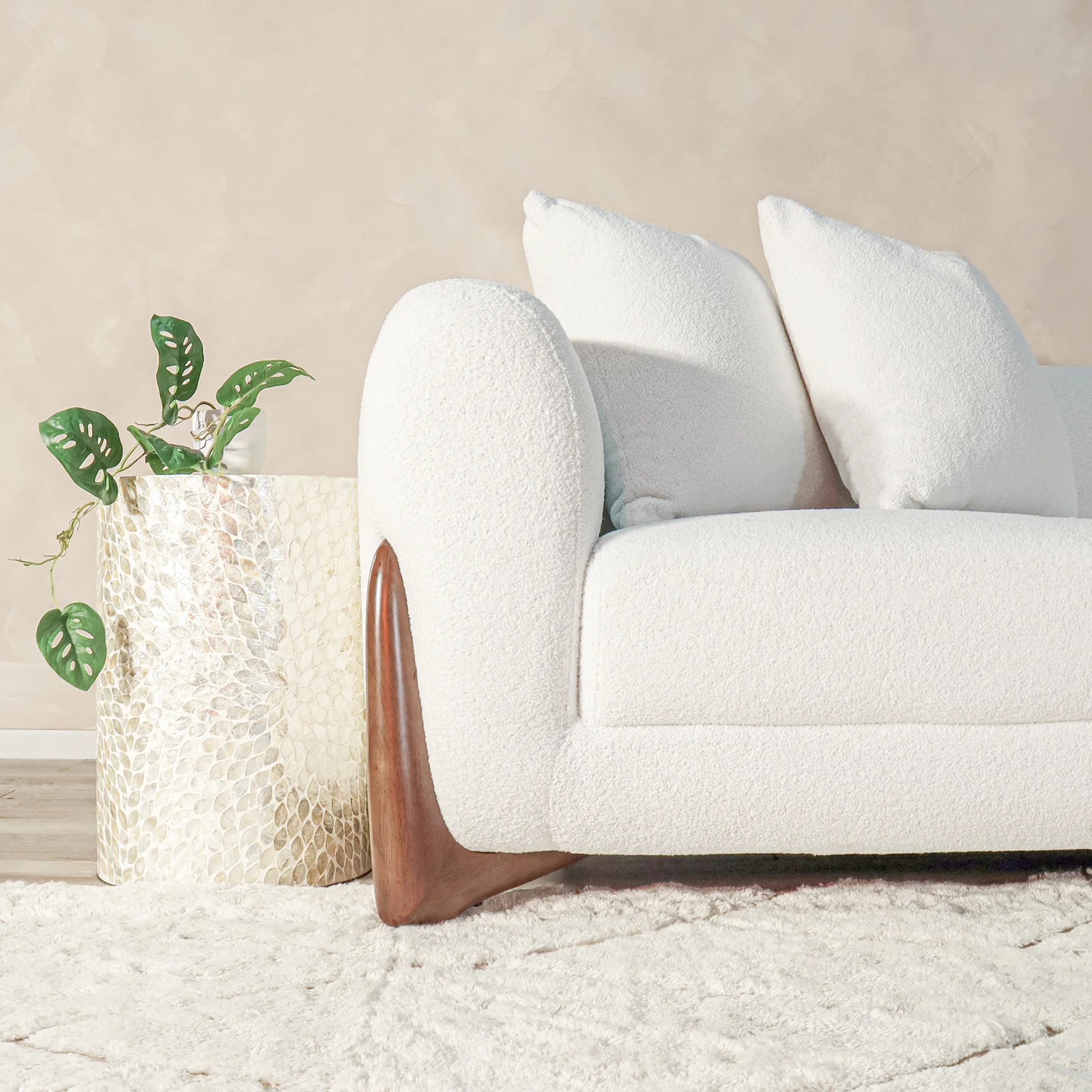 Charla 3 Seater Boucle Sofa with Pillows in Cream White - Image 4