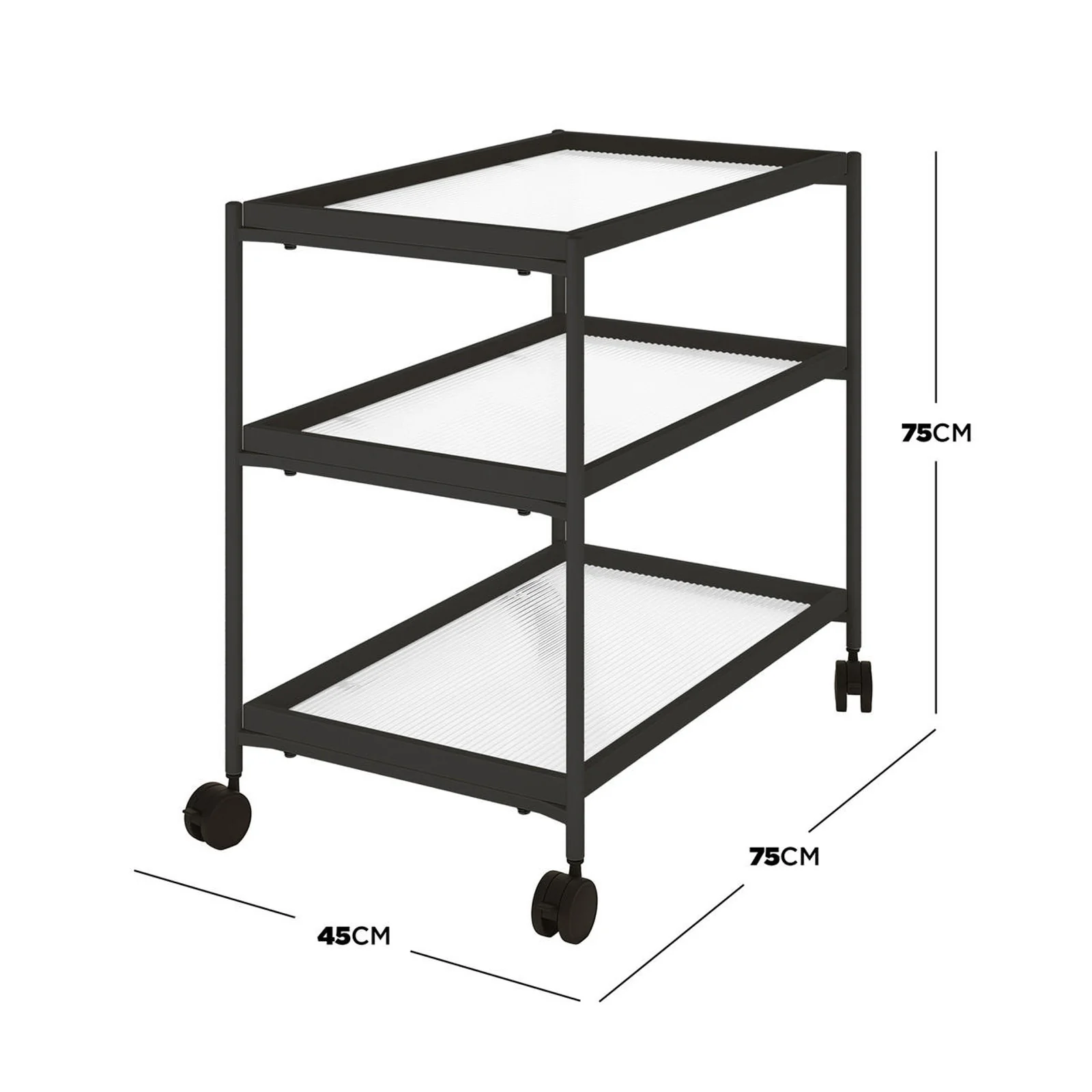 Chelsea 3-Tier Fluted Glass Drink Cart Bar Trolley in Black - Image 3