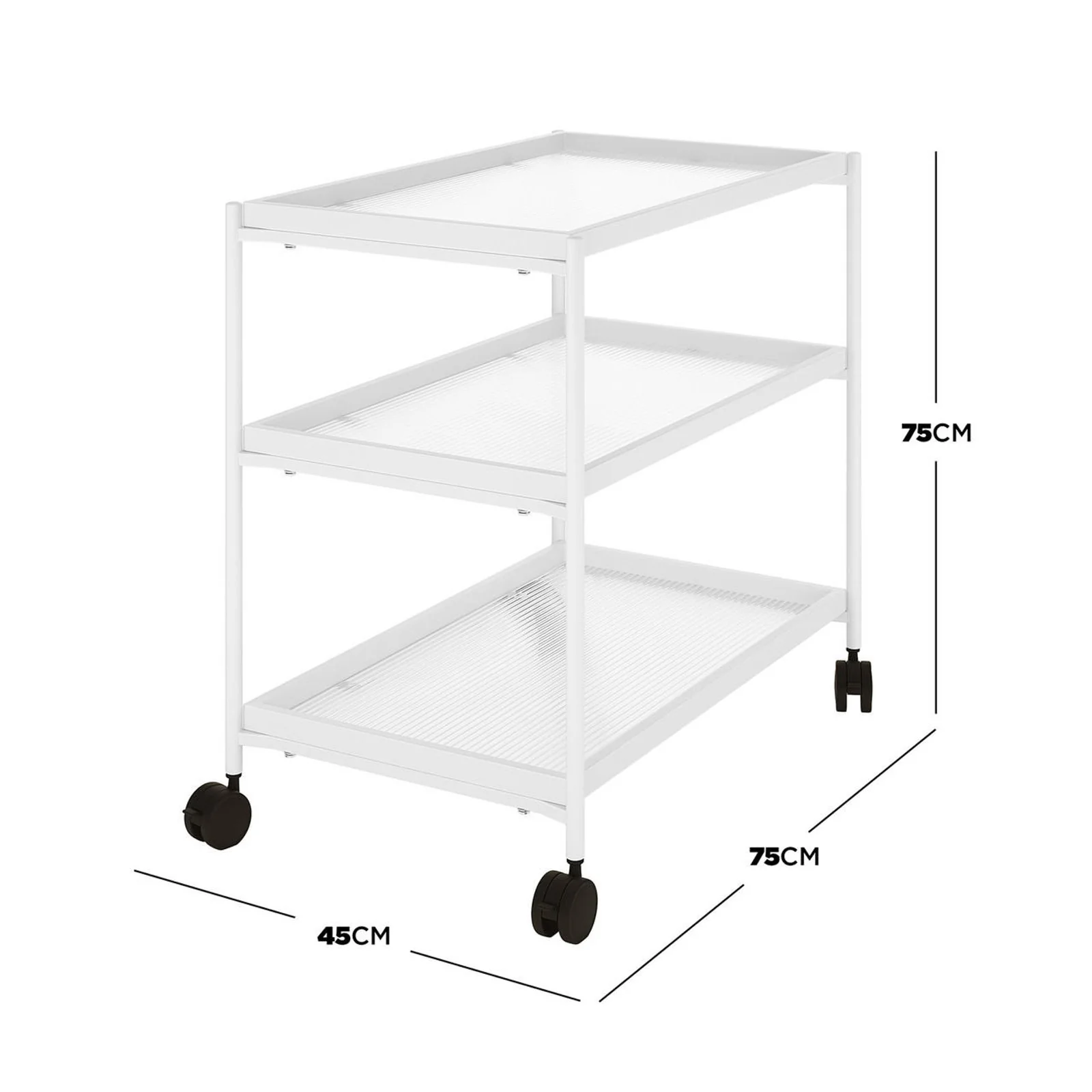 Chelsea 3-Tier Fluted Glass Drink Cart Bar Trolley in White - Image 3