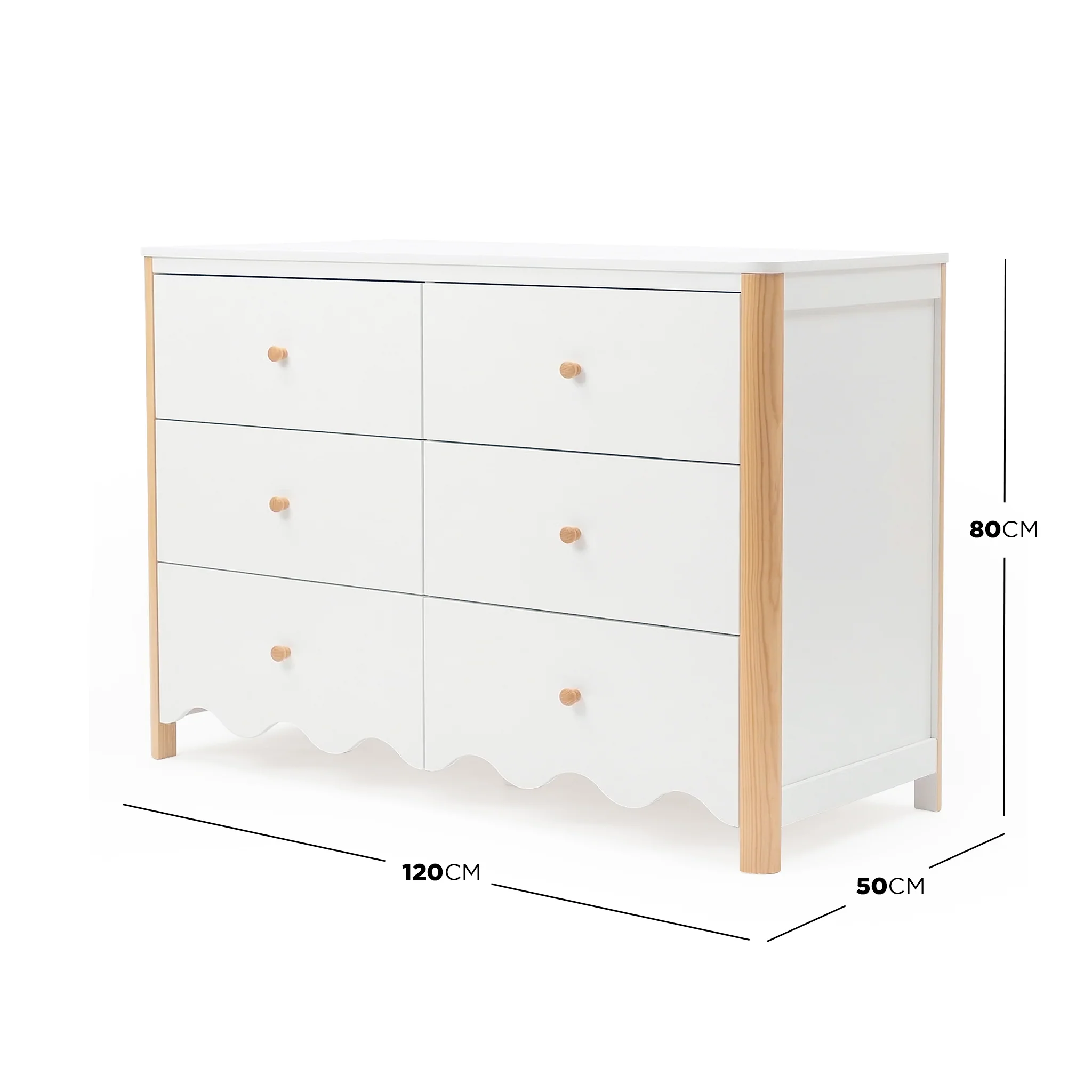 Cherish Scalloped 6 Drawer Lowboy Dresser in White & Natural - Image 3