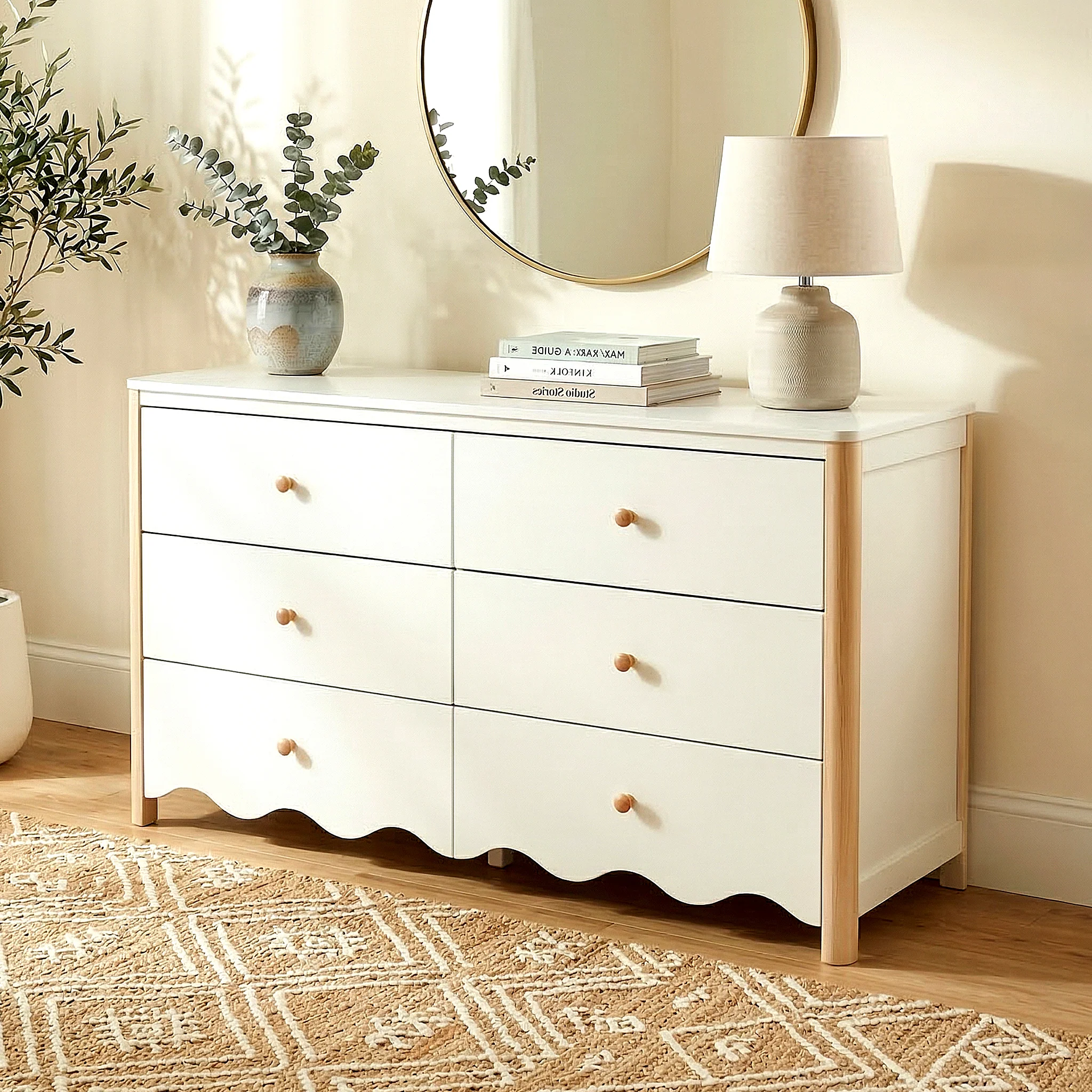 Cherish Scalloped 6 Drawer Lowboy Dresser in White & Natural - Image 4
