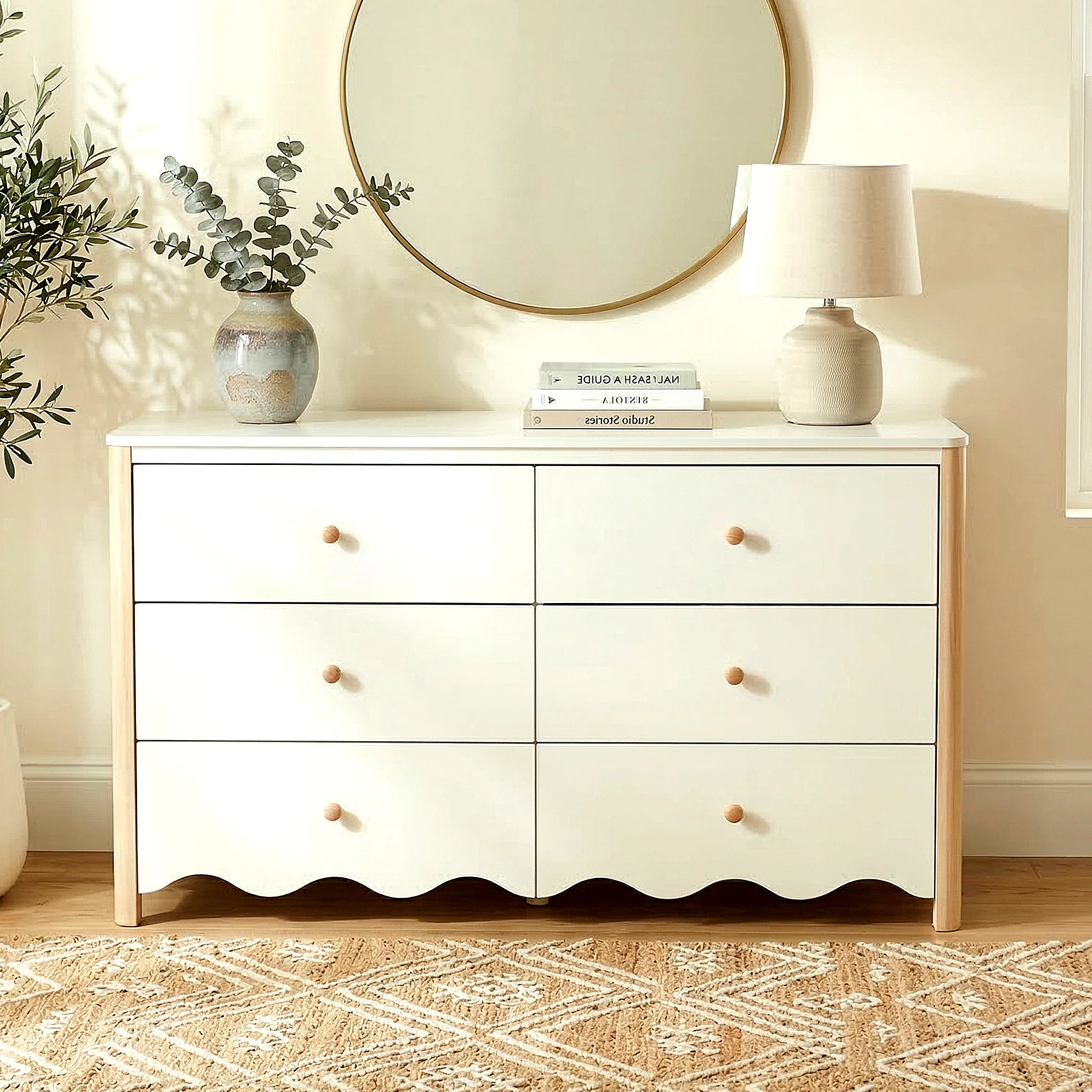 Cherish Scalloped 6 Drawer Lowboy Dresser in White & Natural - Image 5