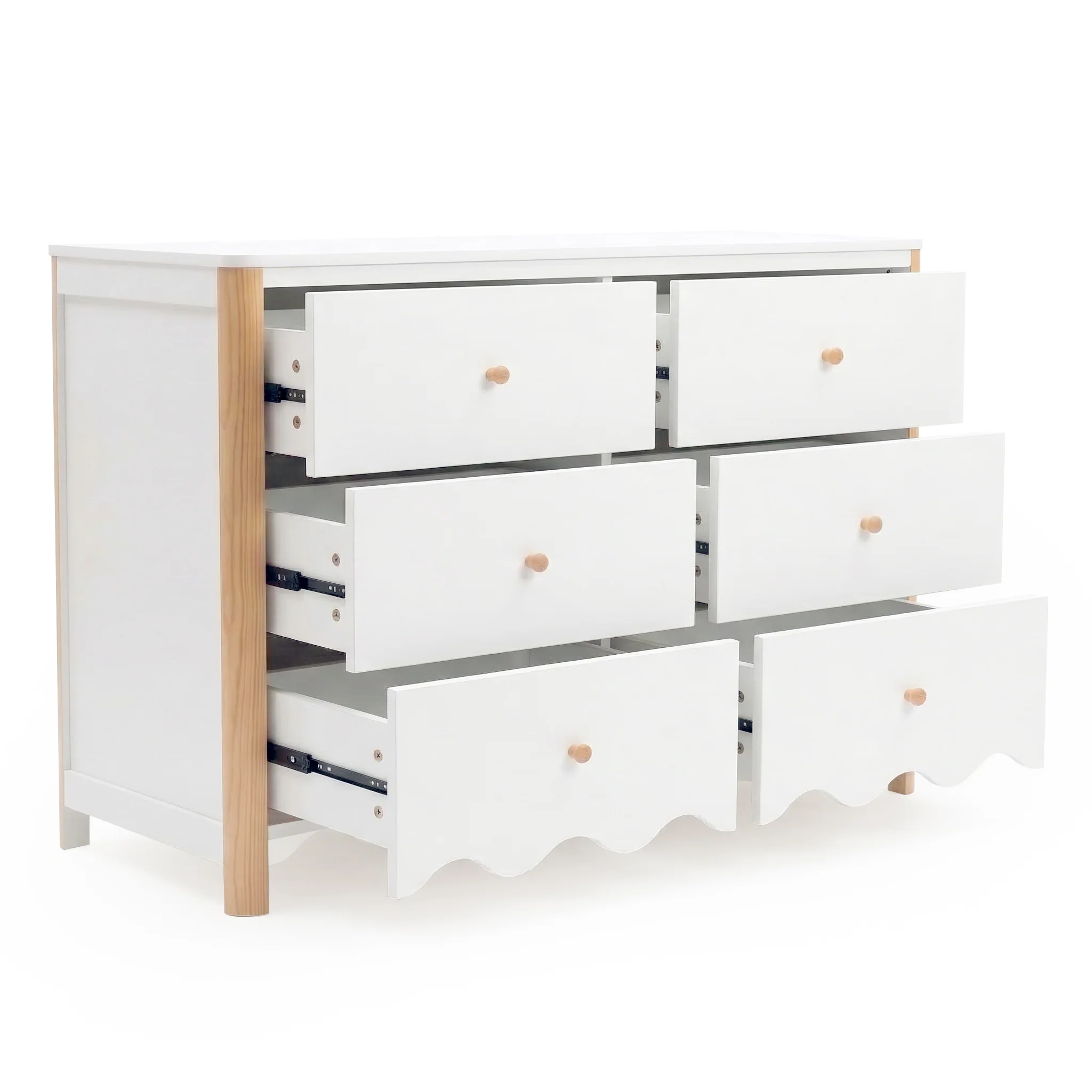 Cherish Scalloped 6 Drawer Lowboy Dresser in White & Natural - Image 8