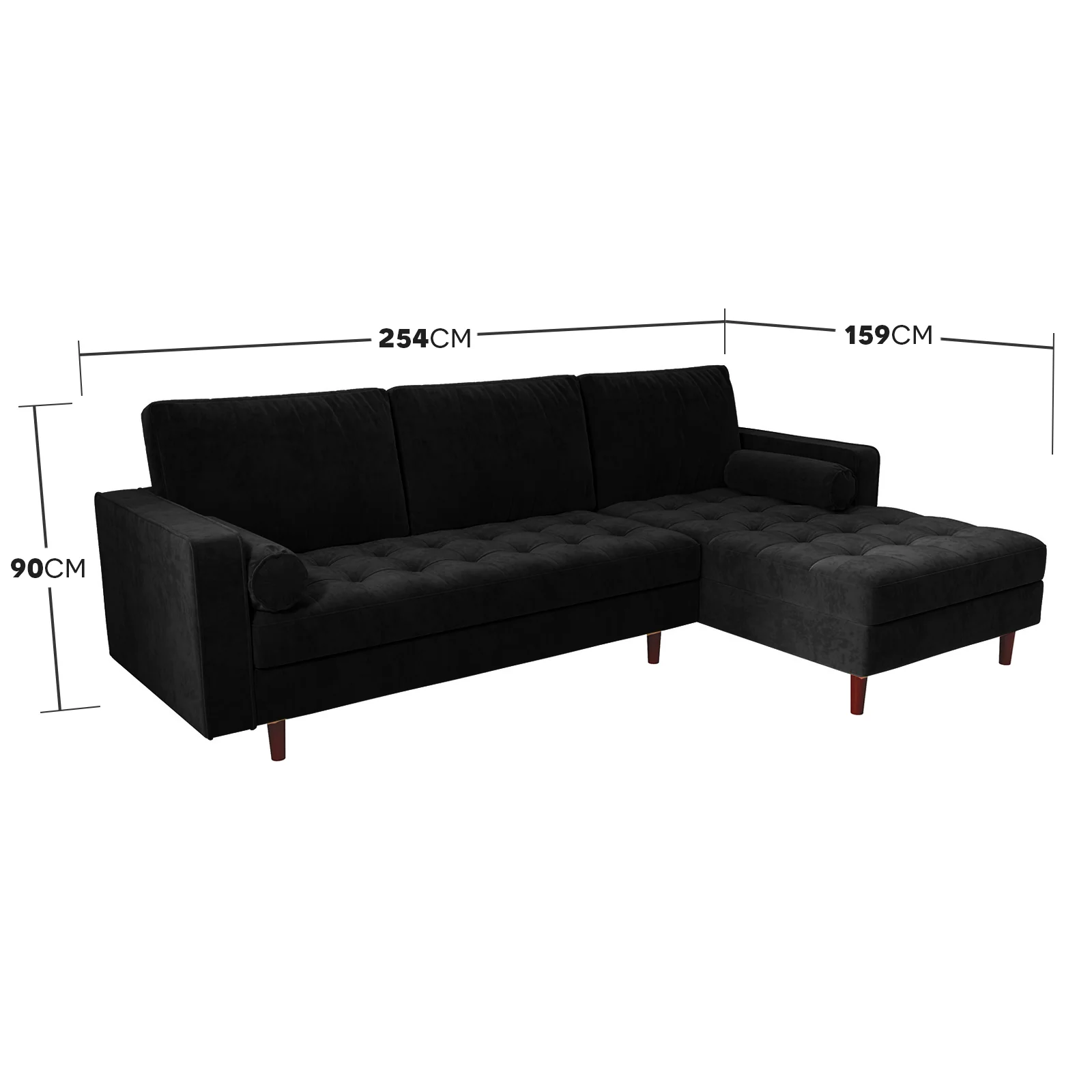 Claude 3-Seater Velvet Sofa with Chaise in Black - Image 10
