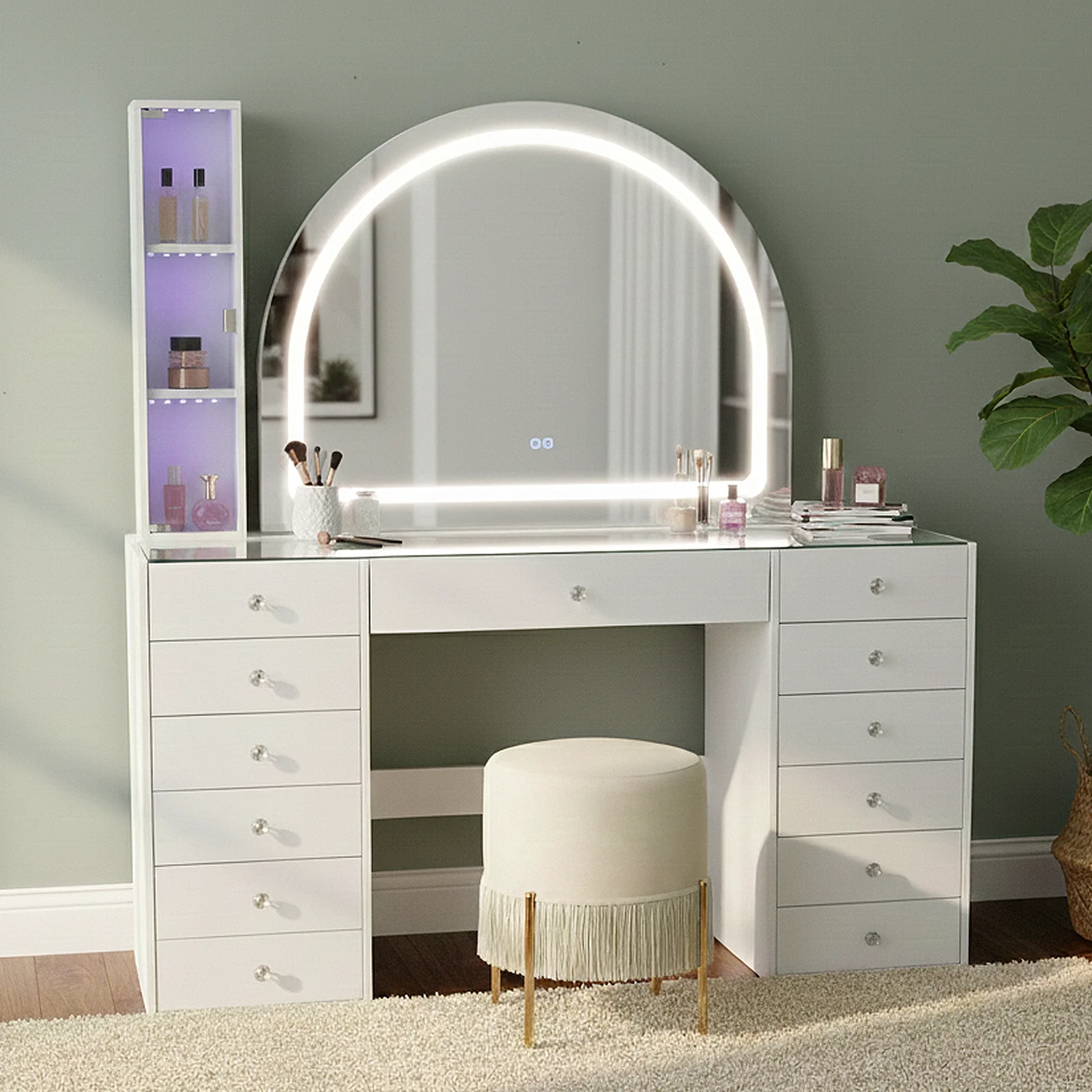 Cleo Makeup Vanity Table with Arched LED Mirror in White - Image 10
