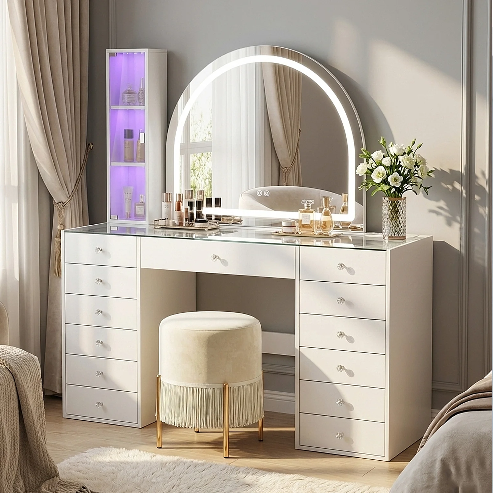 Cleo Makeup Vanity Table with Arched LED Mirror in White - Image 2
