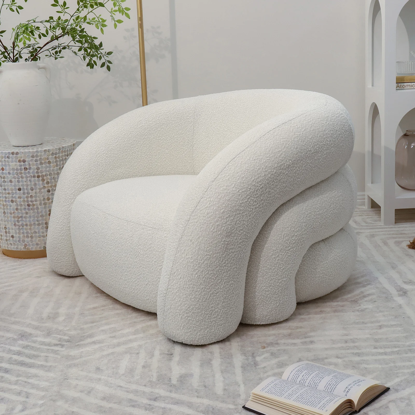 Clioz Curved Boucle Accent Chair in Eggshell White - Image 2