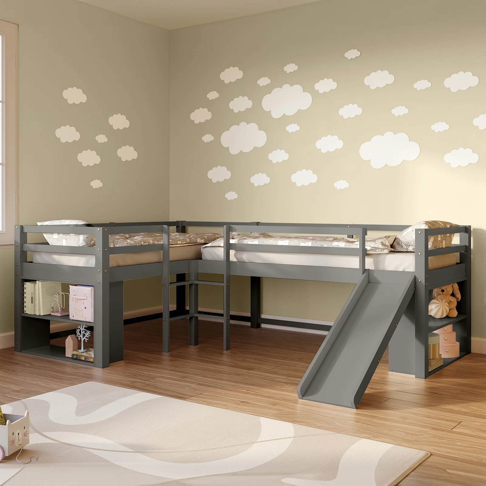 Coreen Single Solid Wood Storage Loft Bed with Slide in Grey - Image 2