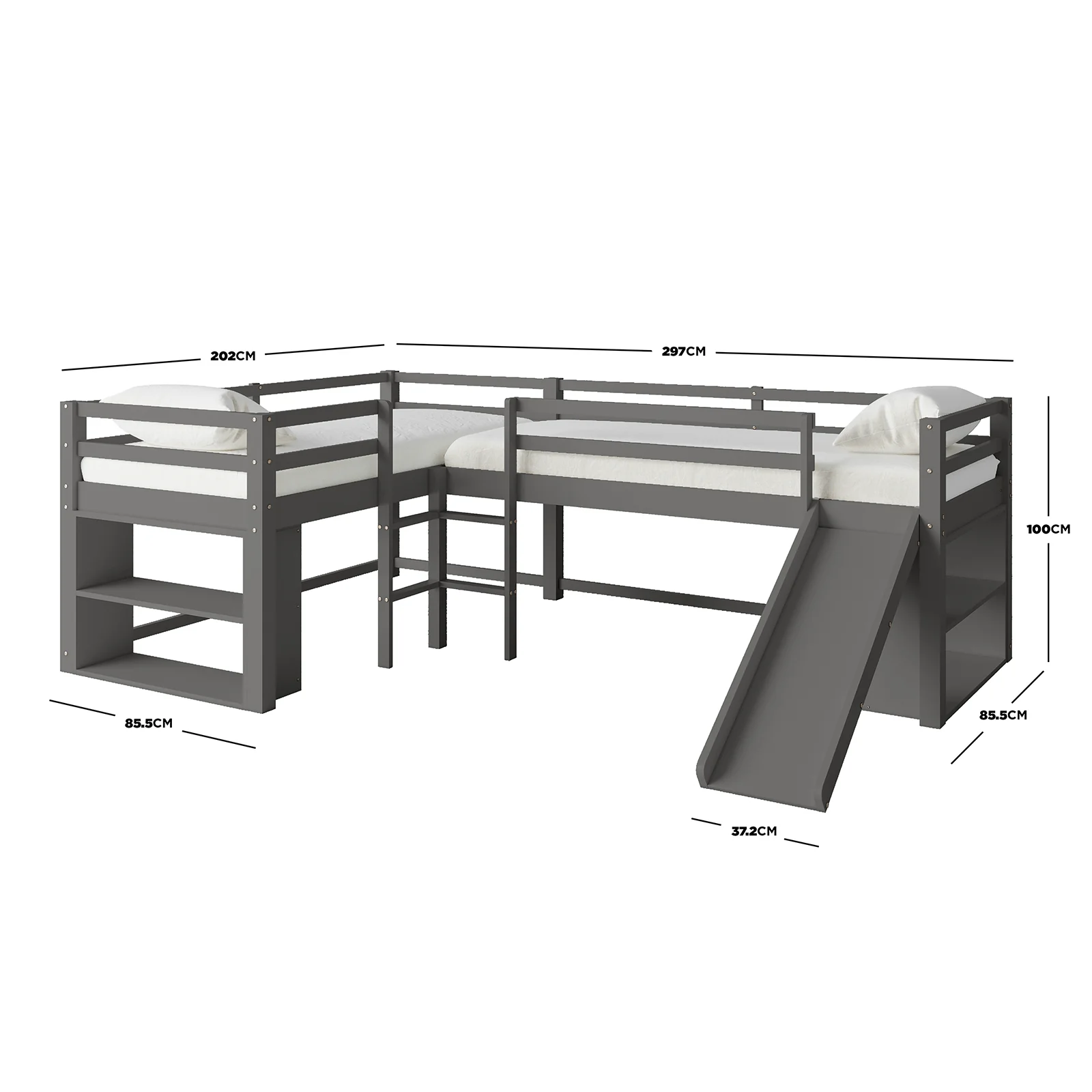 Coreen Single Solid Wood Storage Loft Bed with Slide in Grey - Image 3