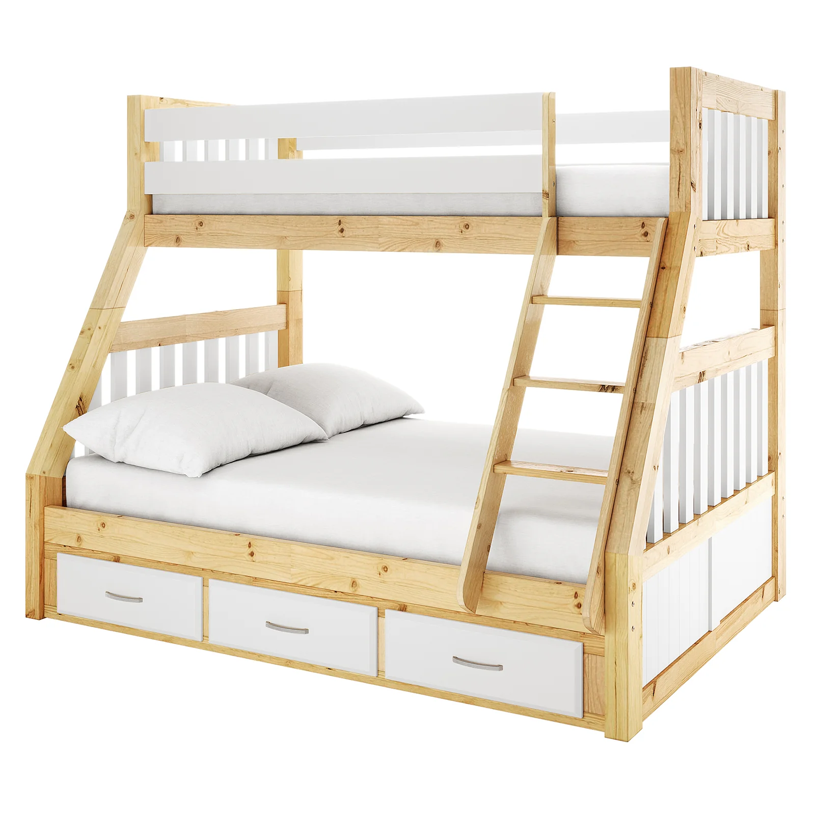 Cornelia Solid Wood Bunk Bed with Storage in White & Natural