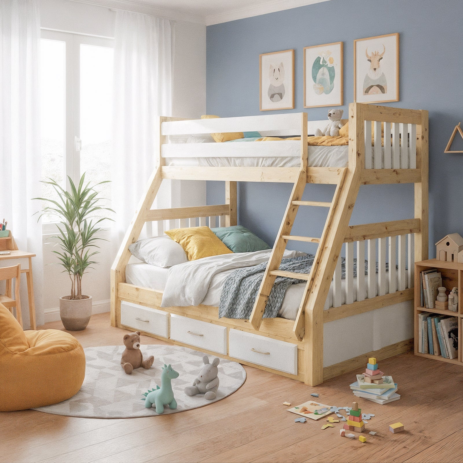 Cornelia Solid Wood Bunk Bed with Storage in White & Natural - Image 2