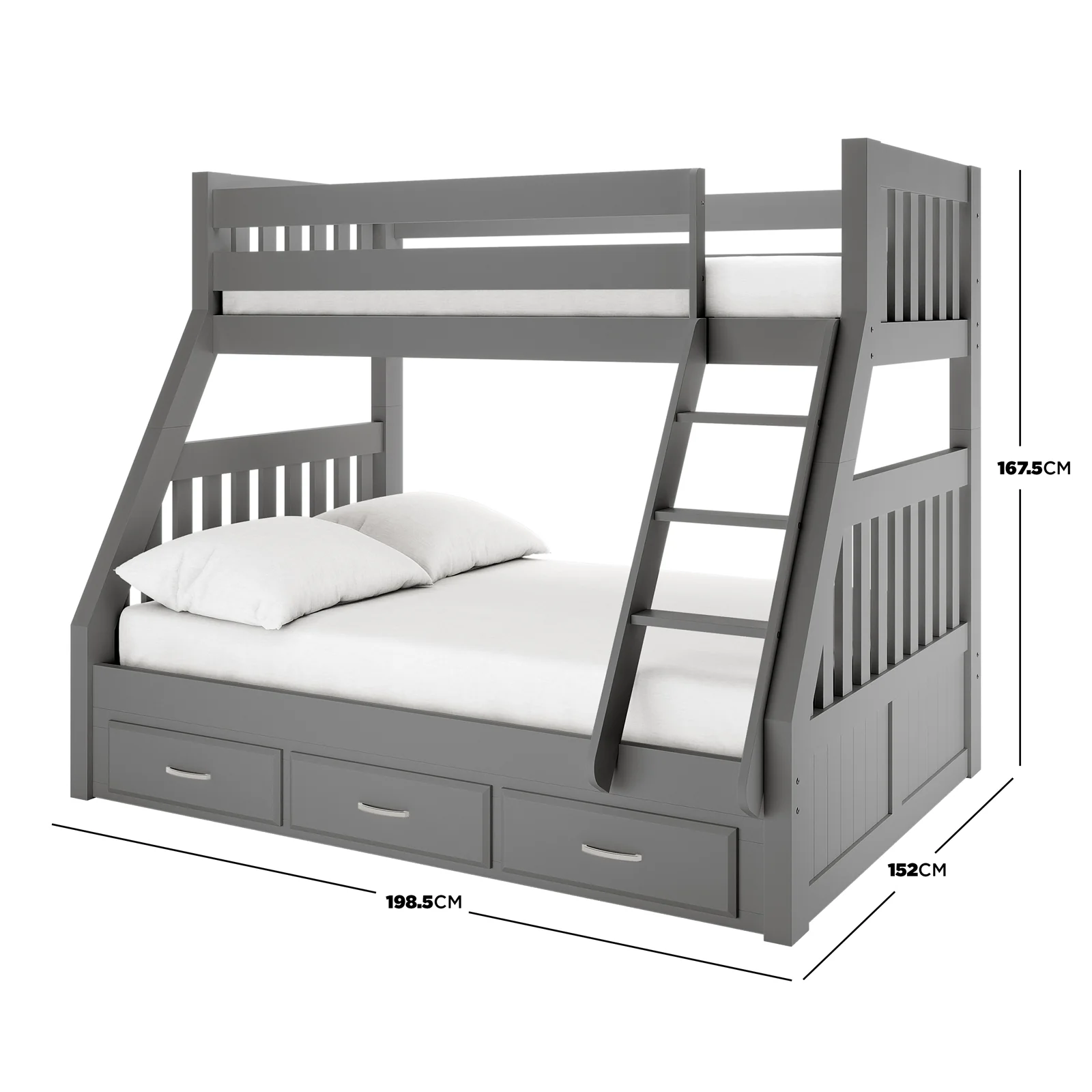 Cornelia Solid Wood Triple Bunk Bed with Storage in Grey - Image 3