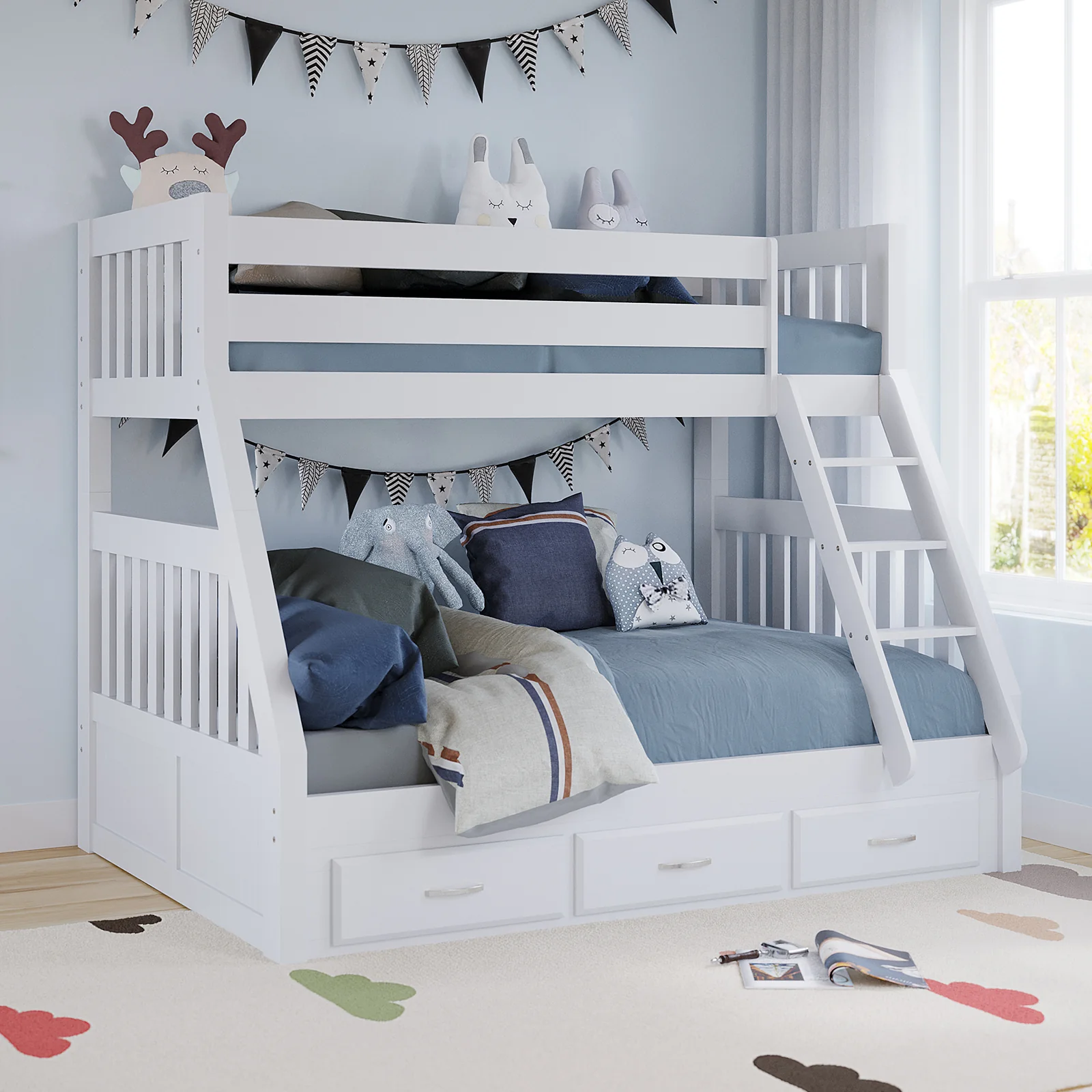 Cornelia Solid Wood Triple Bunk Bed with Storage in White - Image 8