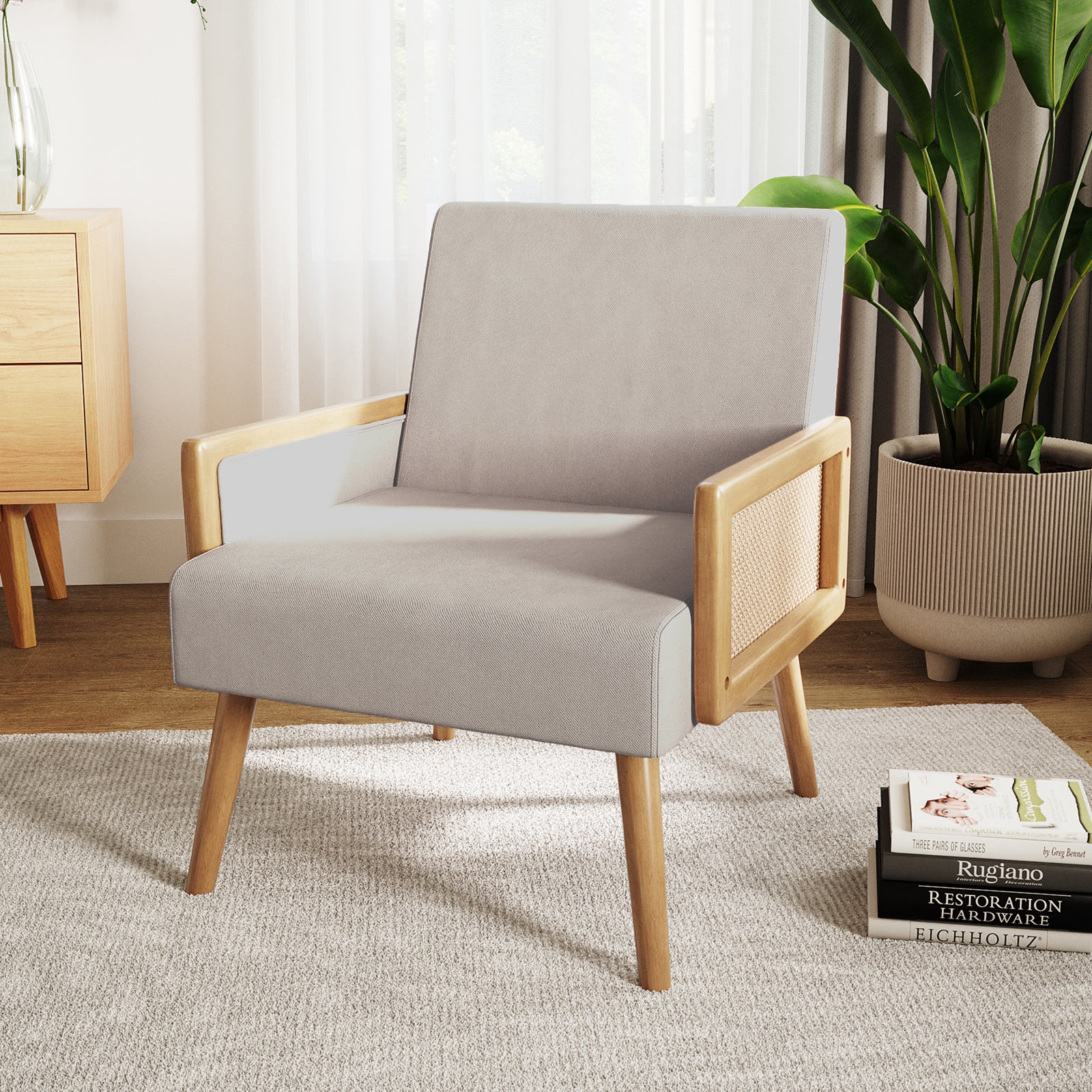 Corrie Rattan Accent Chair with Cushion in Beige Fabric - Image 2