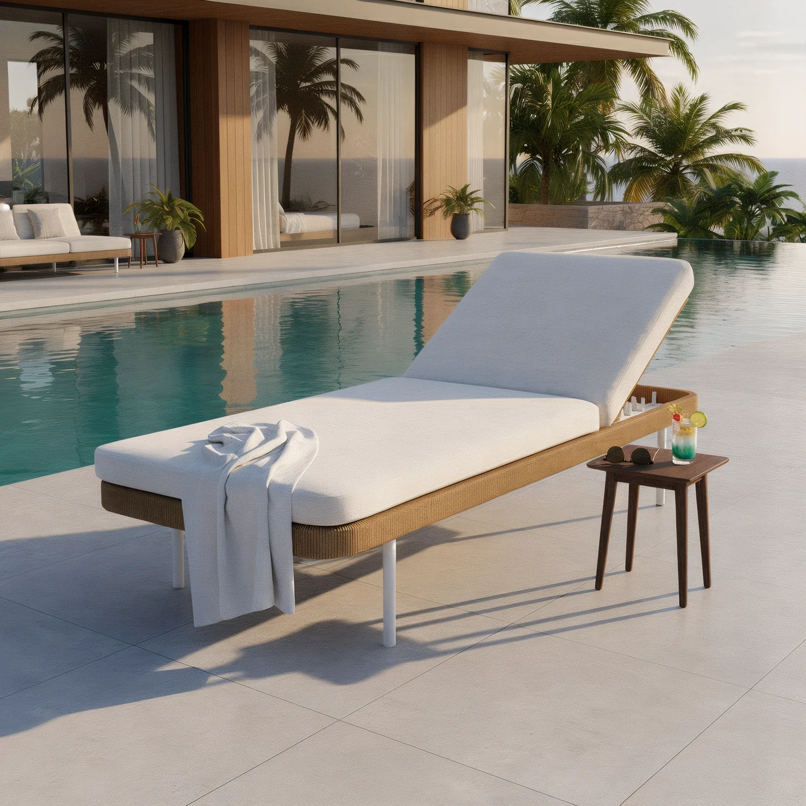 Culion Wicker & Aluminium Outdoor Sun Lounger in Light Beige - Image 2