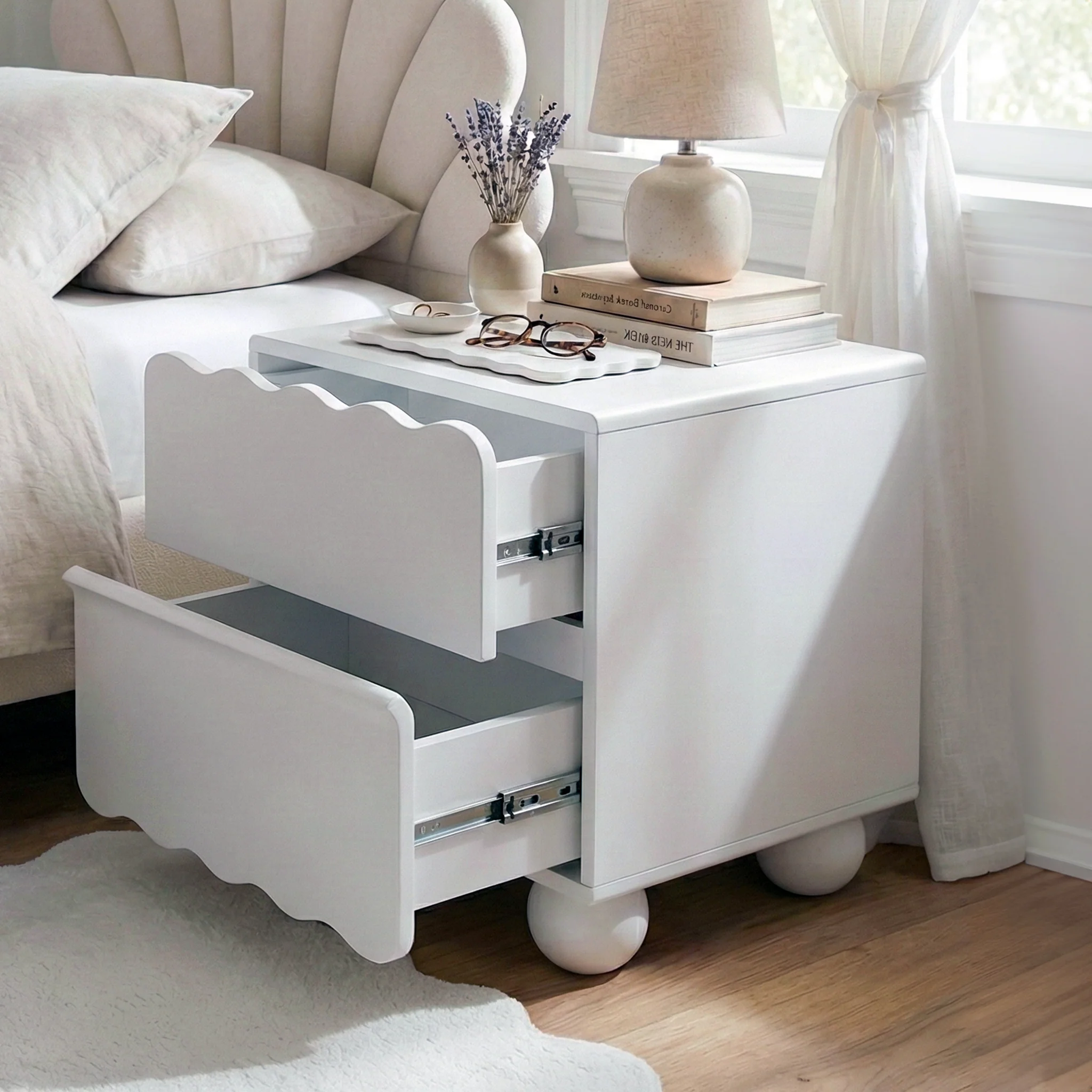 Daisy Scallop 2 Drawer Bedside Table in White - Image 7