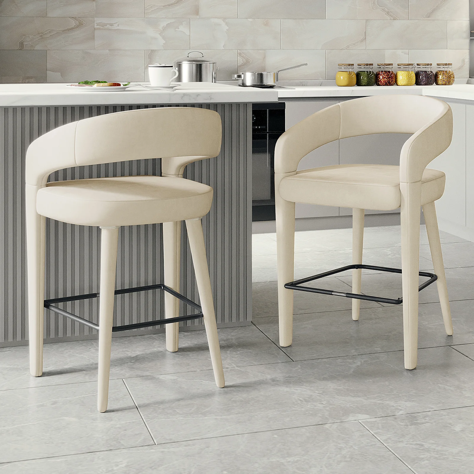 Eisha Velvet Bar Stool Set of 2 in Beige - Image 2