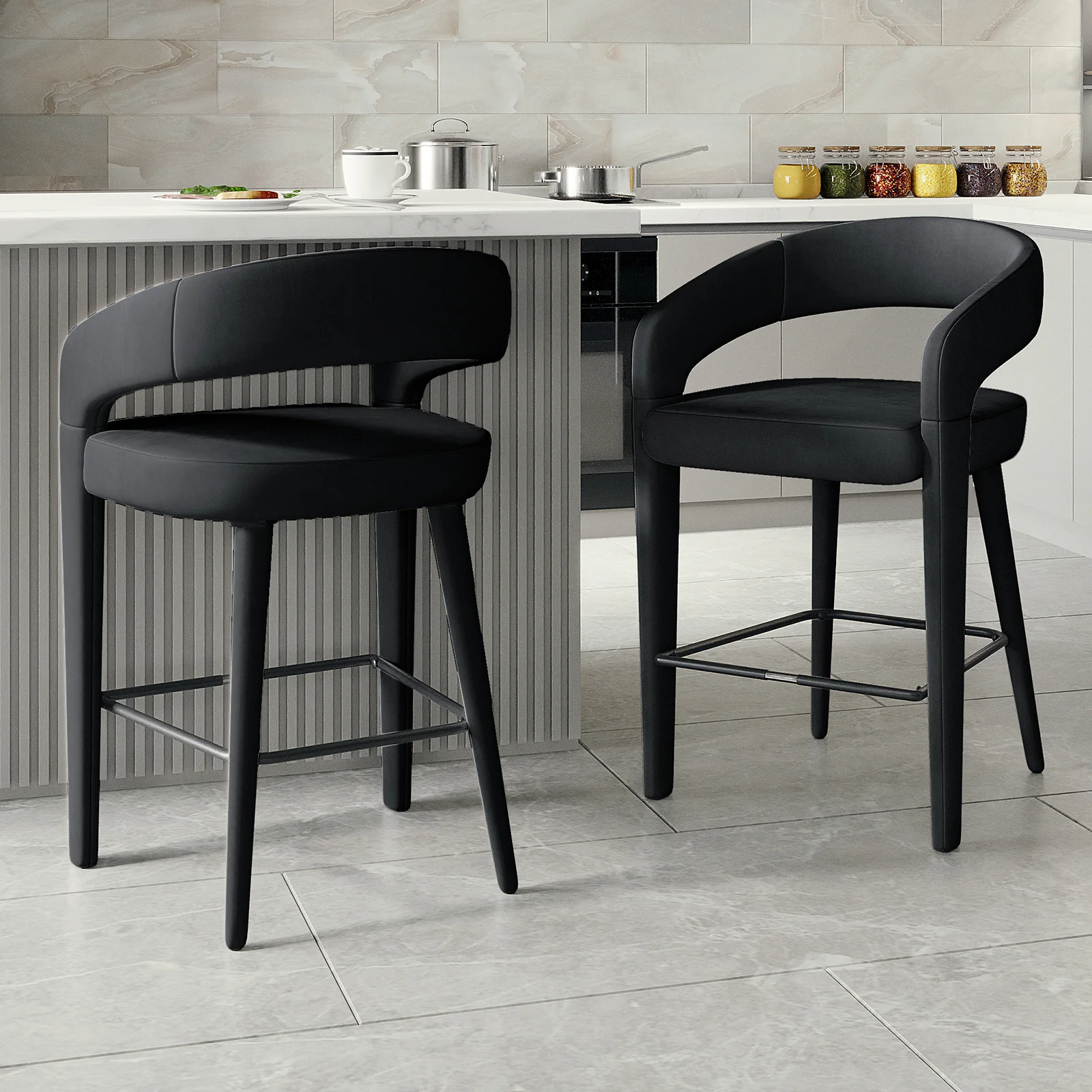 Eisha Velvet Bar Stool Set of 2 in Black - Image 2