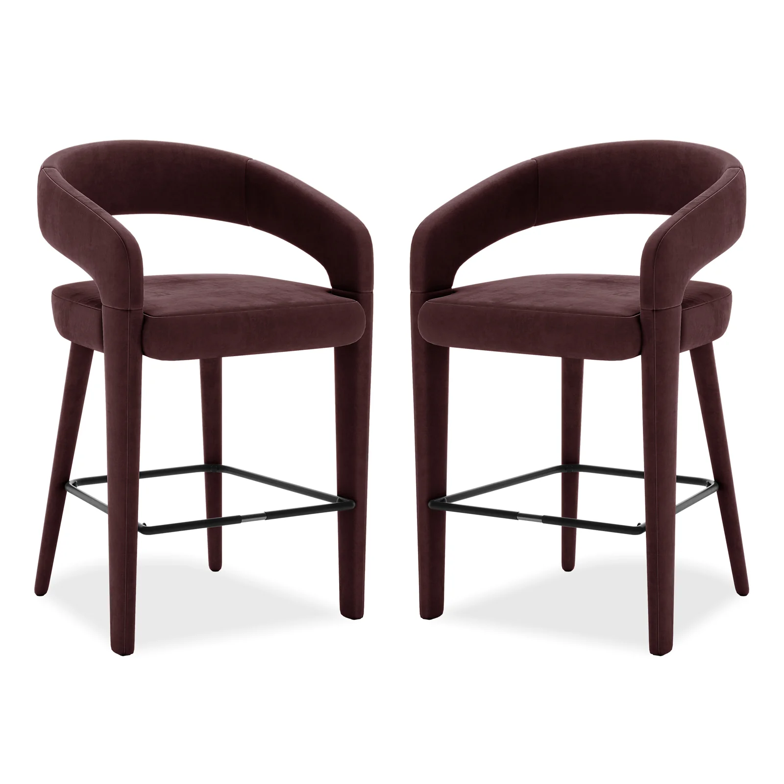 Eisha Velvet Bar Stool Set of 2 in Dark Plum