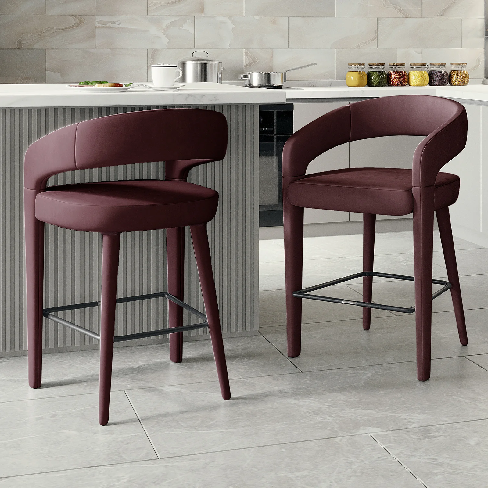 Eisha Velvet Bar Stool Set of 2 in Dark Plum - Image 2