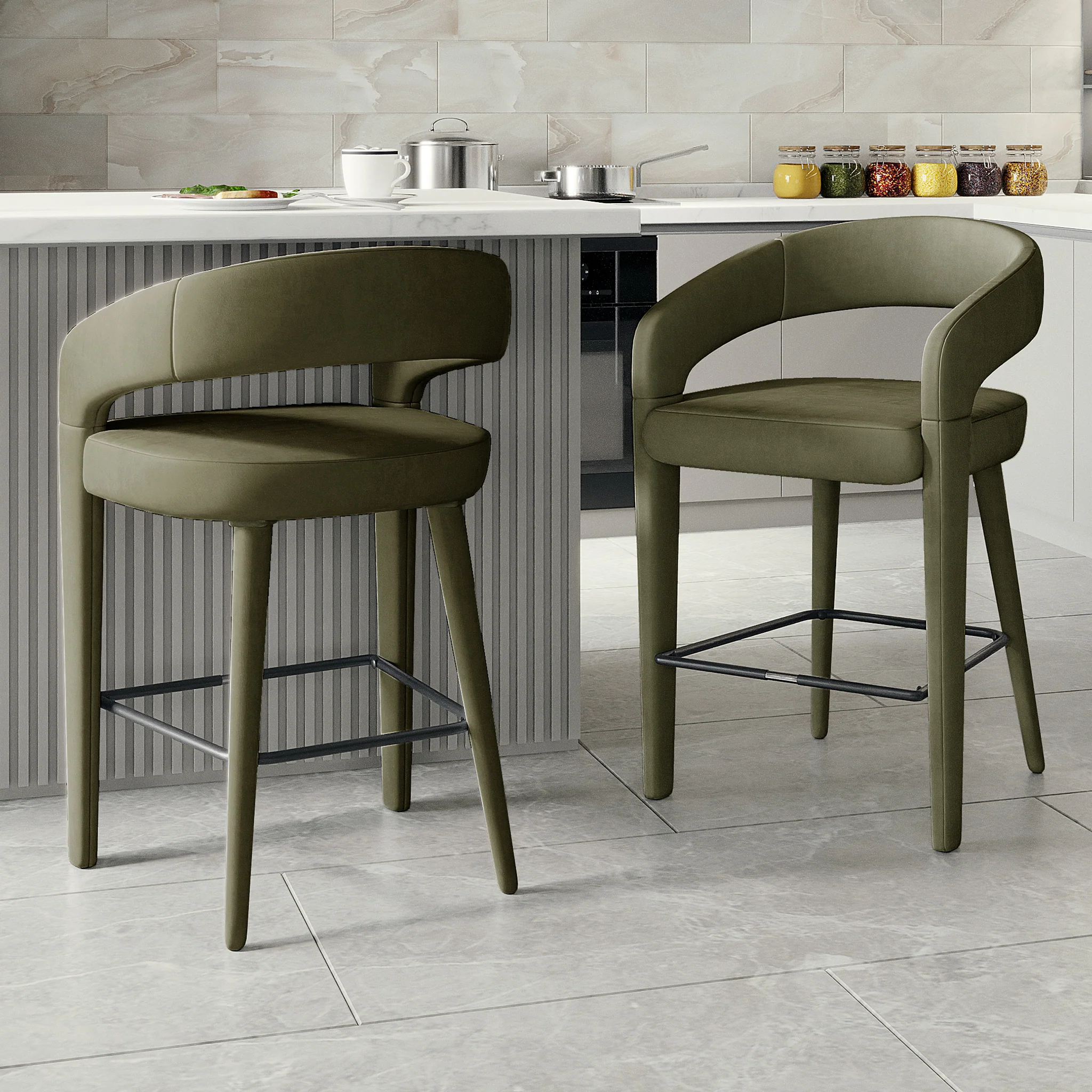 Eisha Velvet Bar Stool Set of 2 in Woodland Green - Image 2