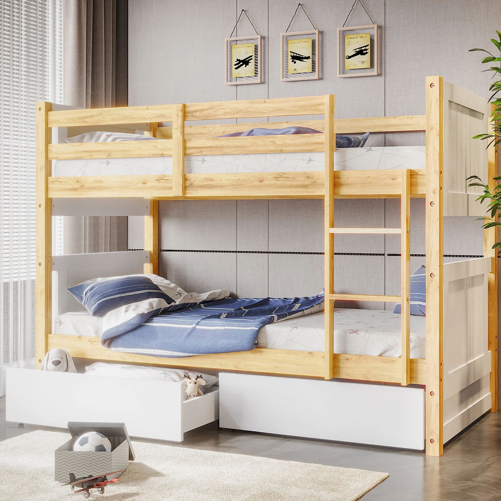 Elisha Single Solid Pine Storage Bunk Bed in White & Natural - Image 2