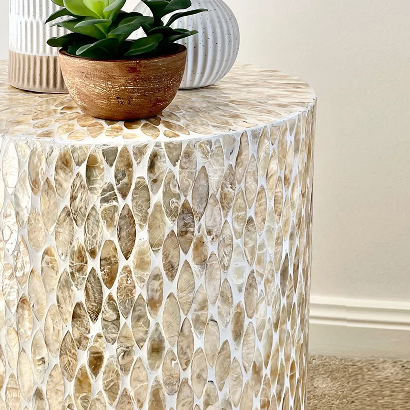 Ely 40cm Mother of Pearl Inlay Side Table in Beige - Image 4