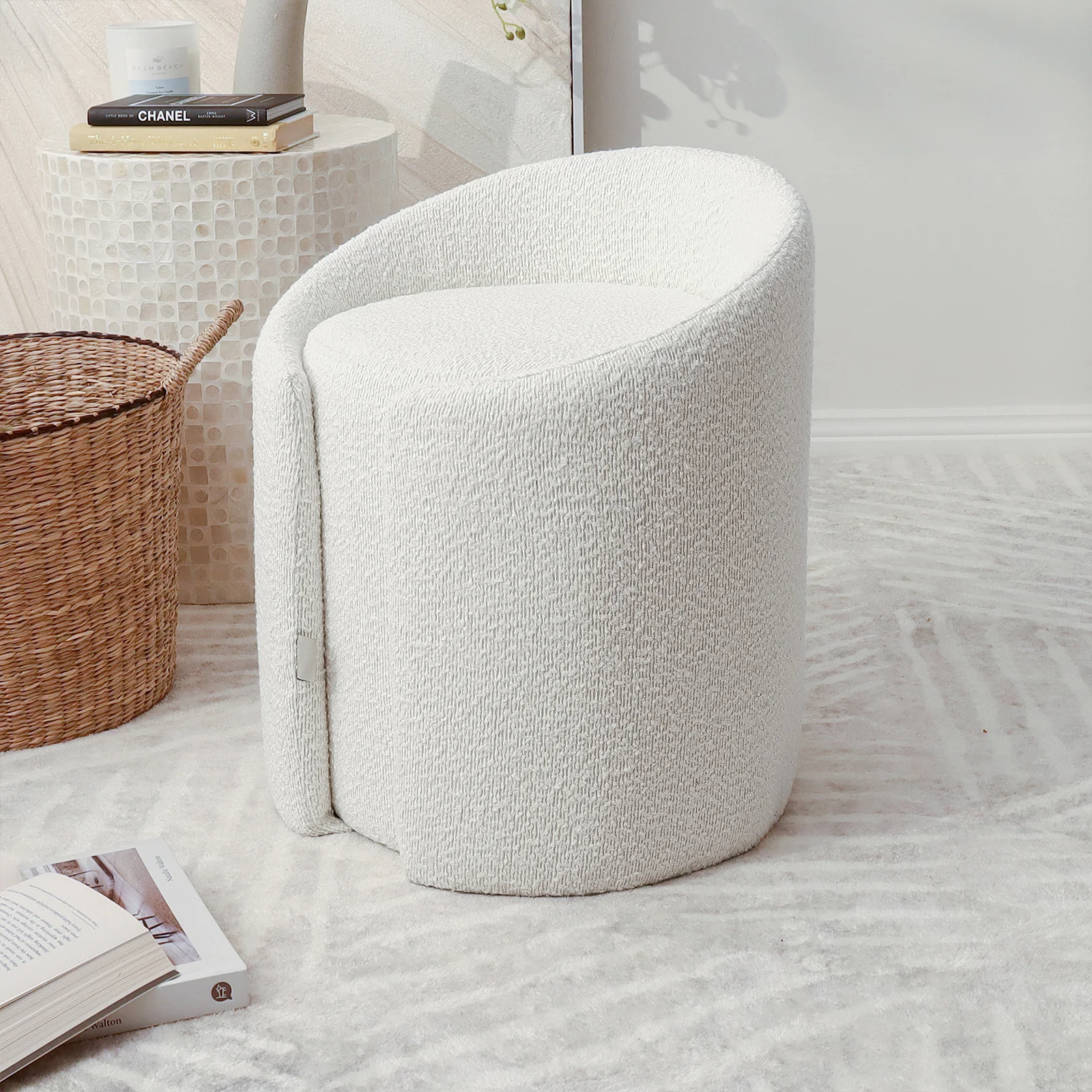Emiken Boucle Ottoman Stool in Eggshell White - Image 2