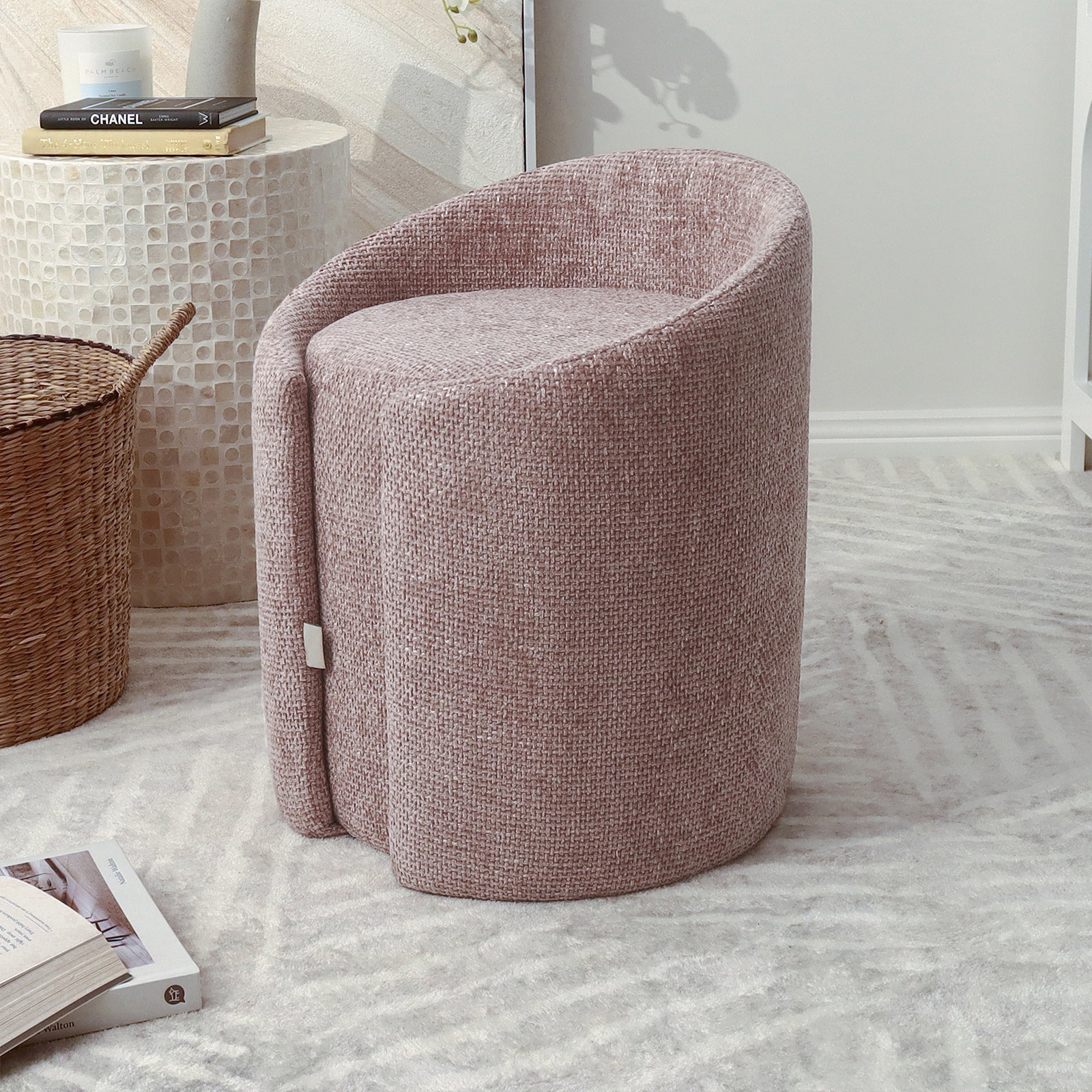 Emiken Chenille Fabric Ottoman Stool in Light Pink - Image 2