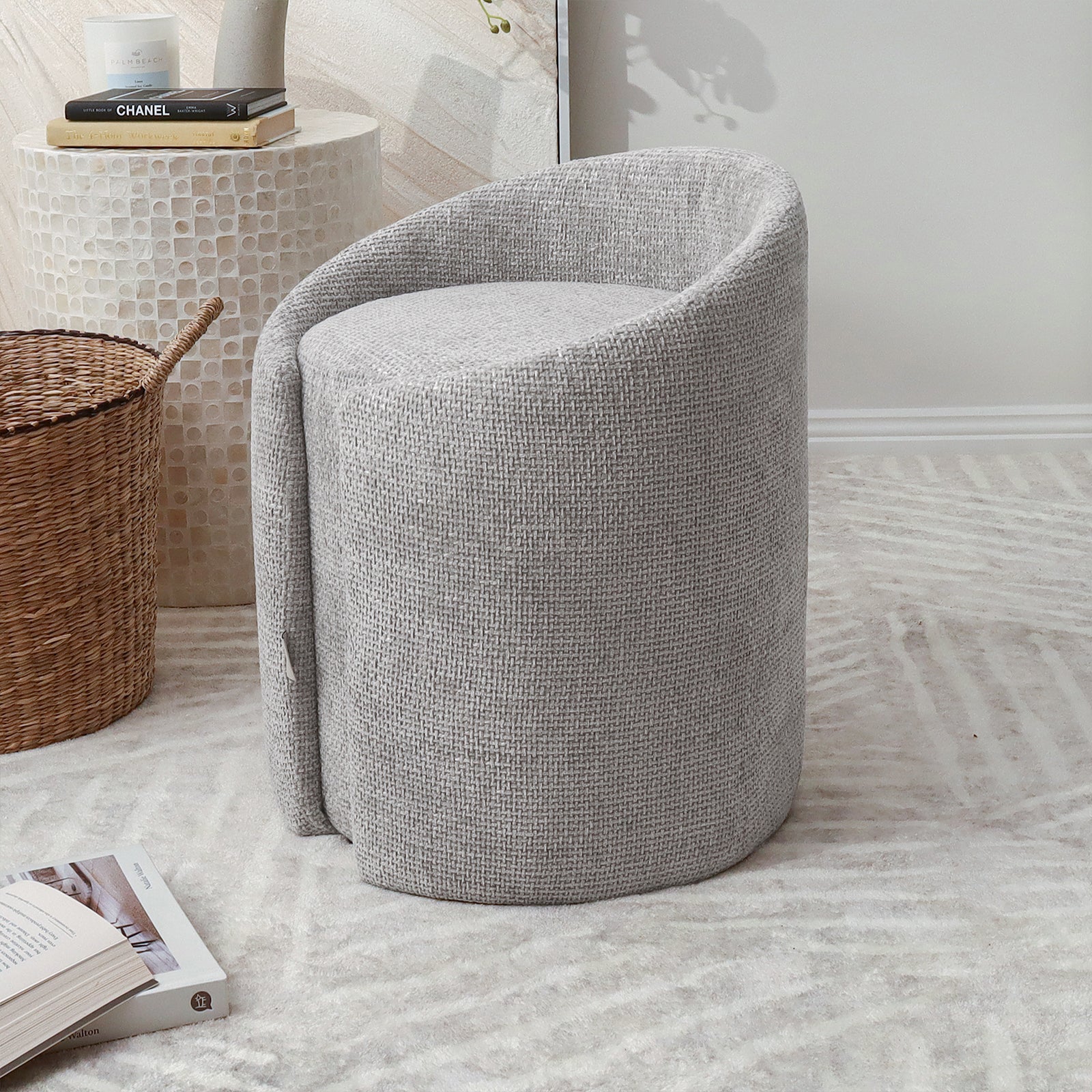 Emiken Chenille Fabric Ottoman Stool in Warm Grey - Image 2
