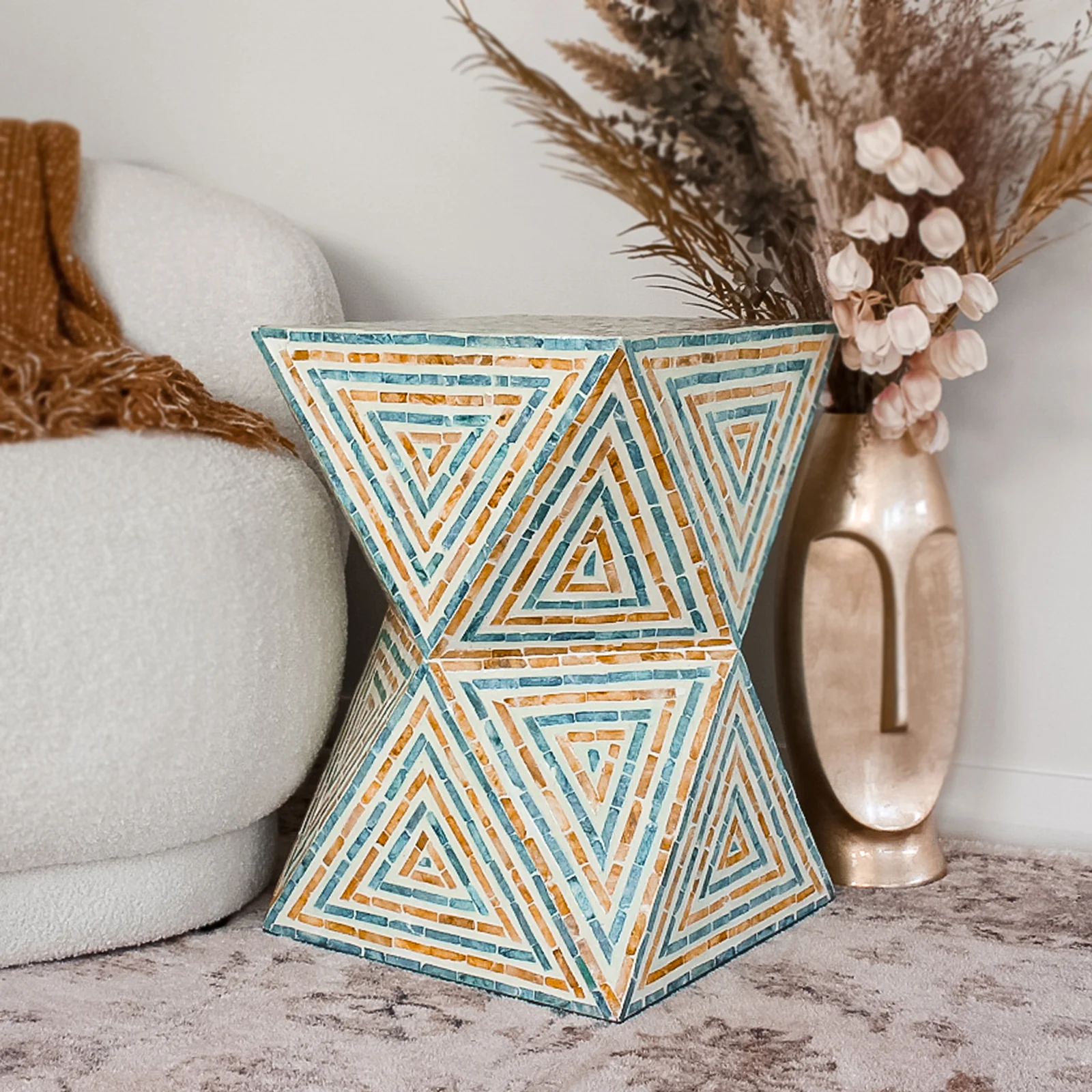 Enki 35cm Mother of Pearl Inlay Side Table in Orange & Blue - Image 2