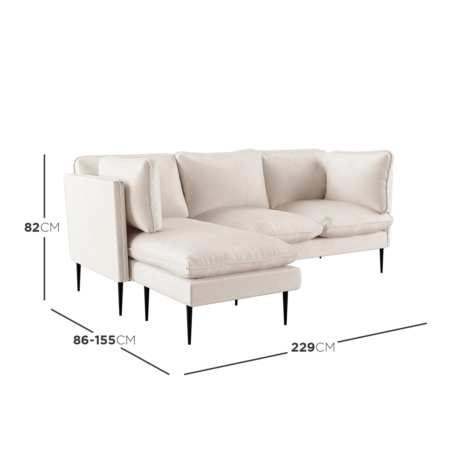 Erling 3 Seater Velvet Sofa Chaise in Cream - Image 3