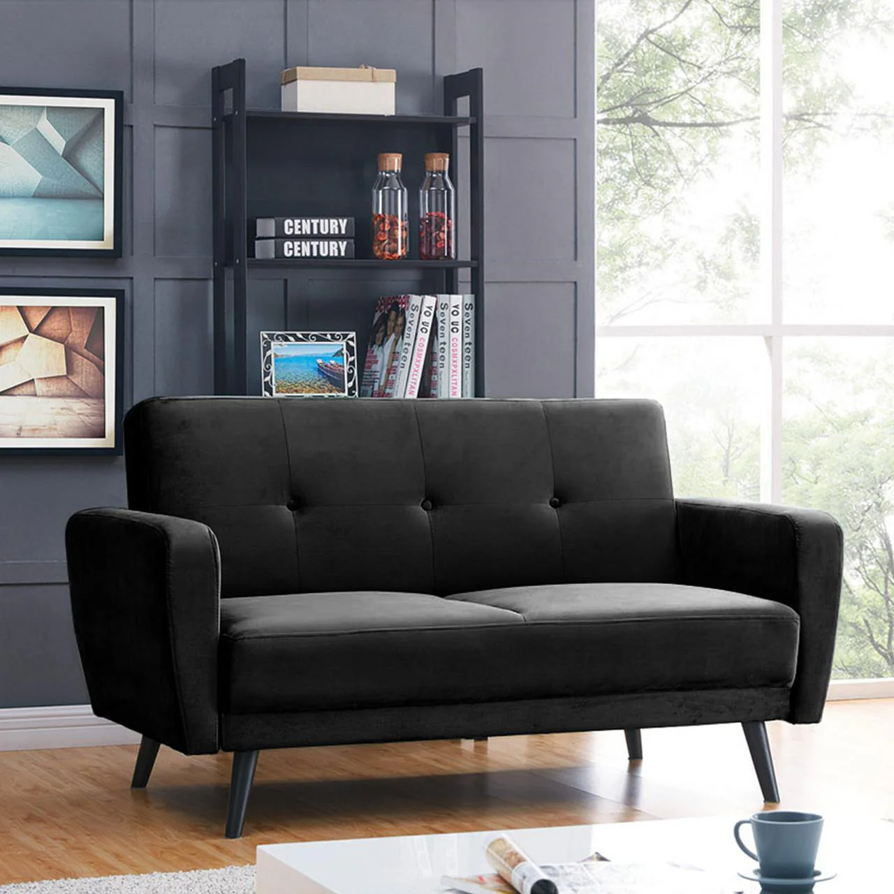Esben 2-Seater Velvet Sofa Bed in Black - Image 3